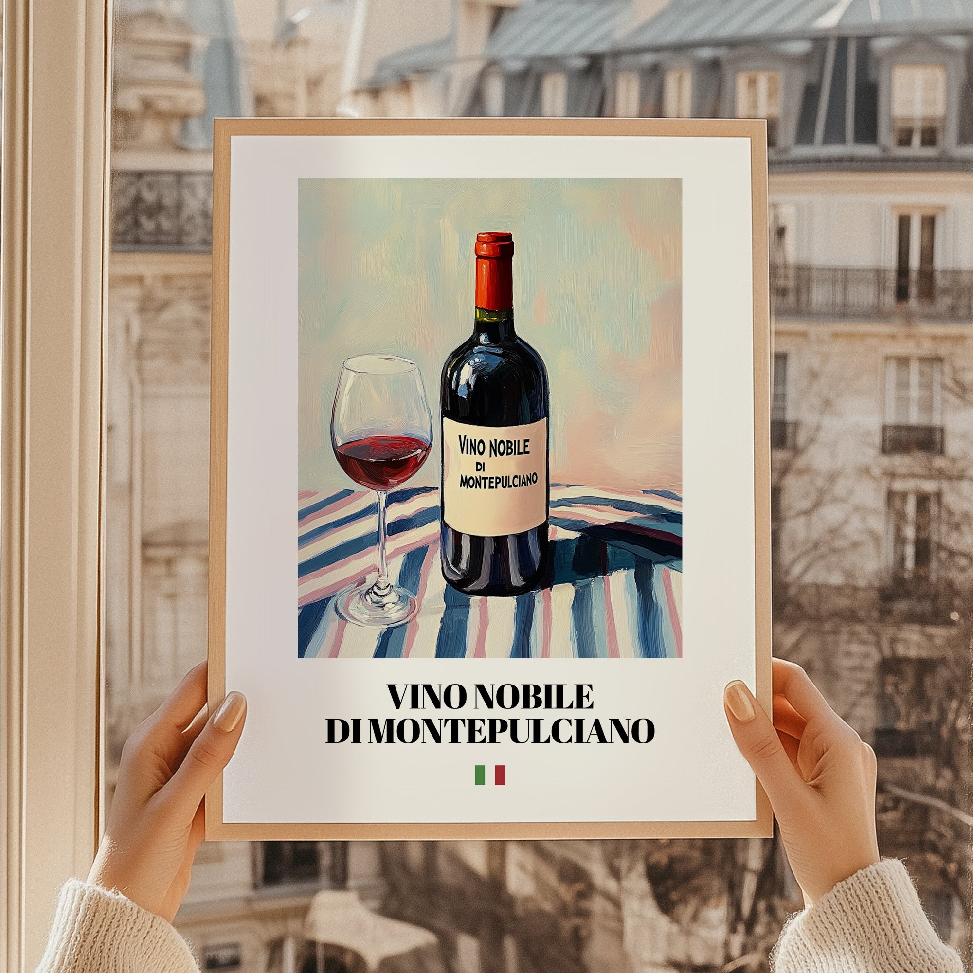 Vino Nobile di Montepulciano – Italian Red Wine, Tasting Room Wall Art, styled in a charming Paris street view