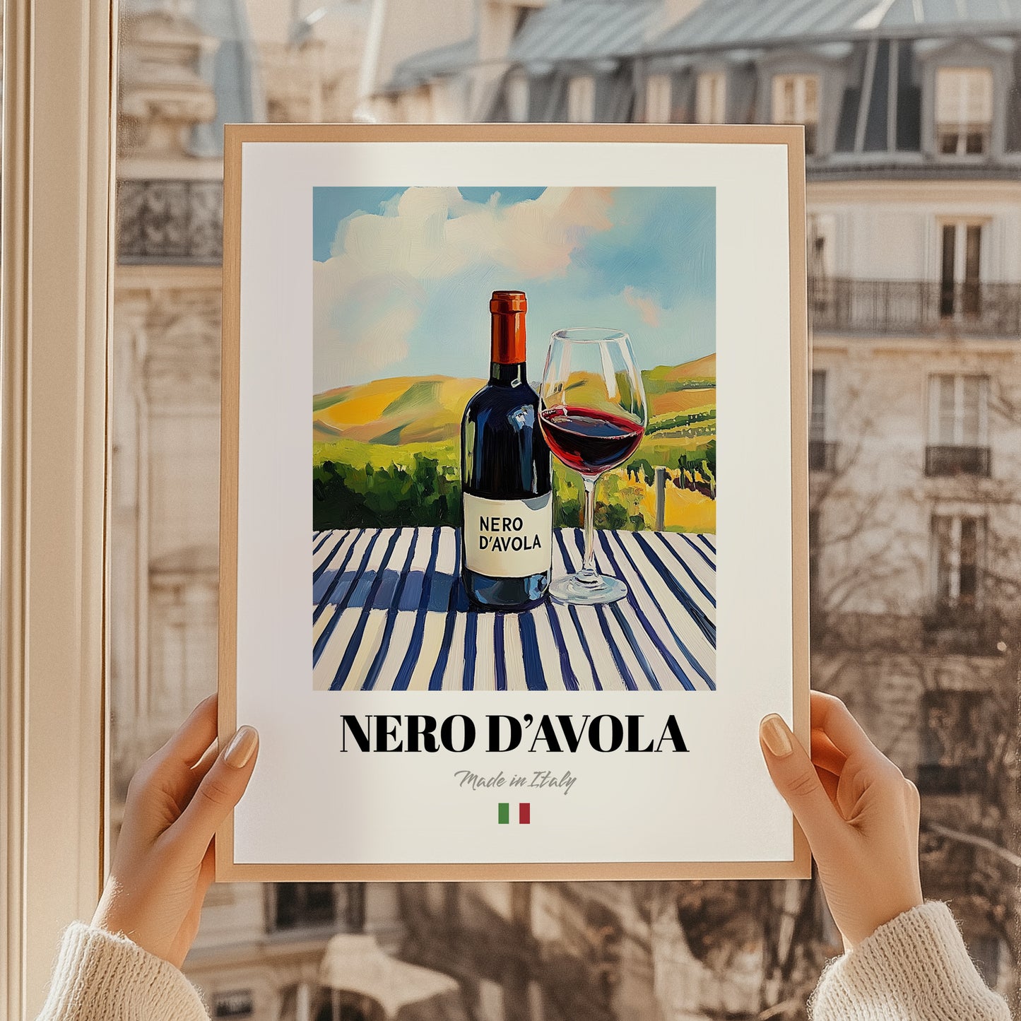 Nero d'Avola – Italian Red Wine, Wine Bar Wall Art, styled in a charming Paris street view