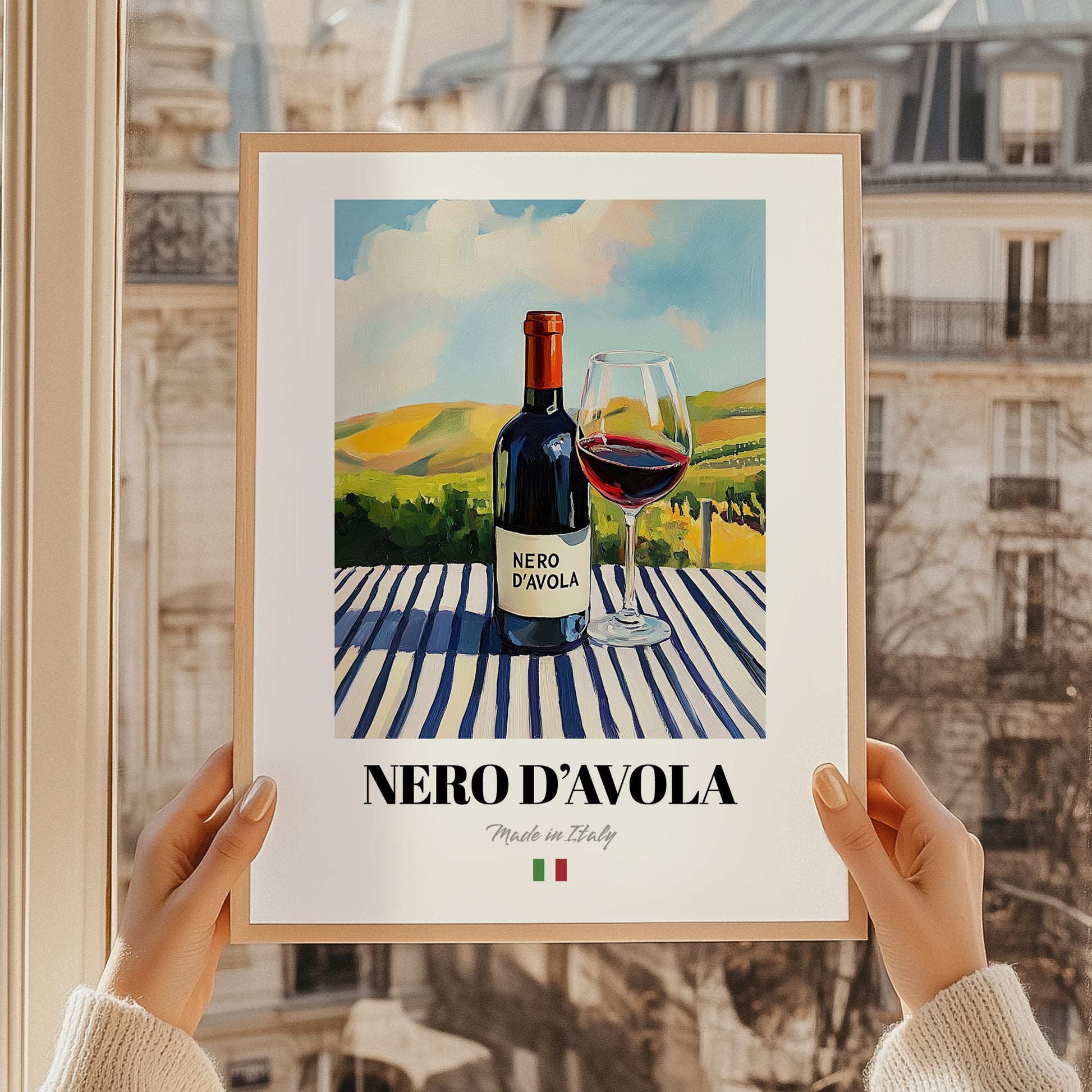 Nero d'Avola – Italian Red Wine, Wine Bar Wall Art, styled in a charming Paris street view