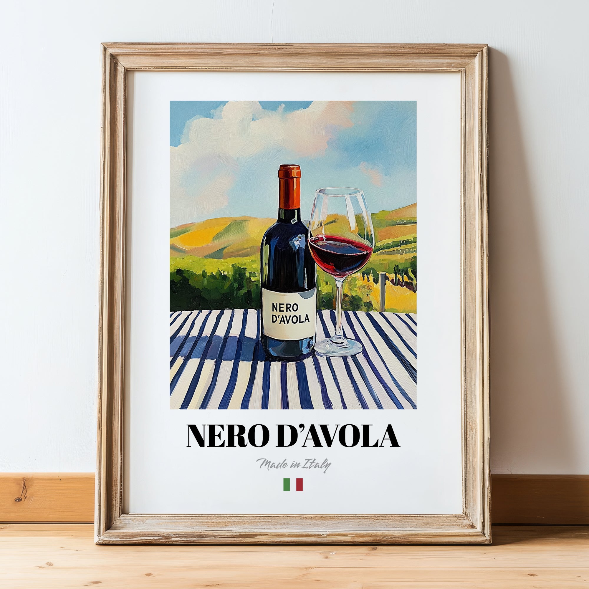 Nero d'Avola – Italian Red Wine, Wine Bar Wall Art, in wooden frame leaning on the floor