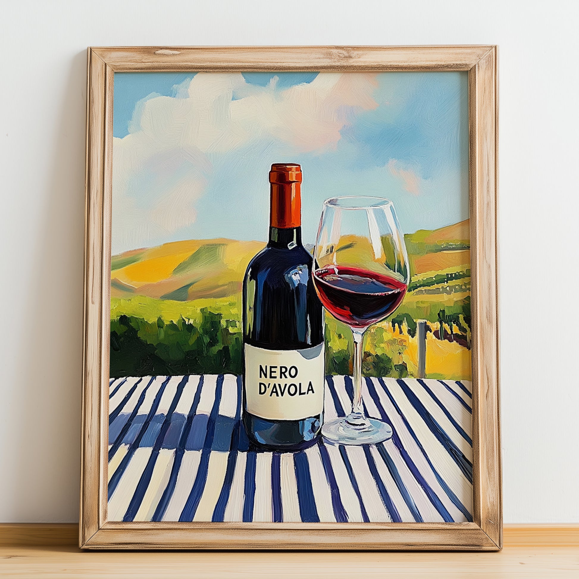Nero d'Avola – Italian Red Wine, Wine Bar Wall Art, no-text version framed in wood