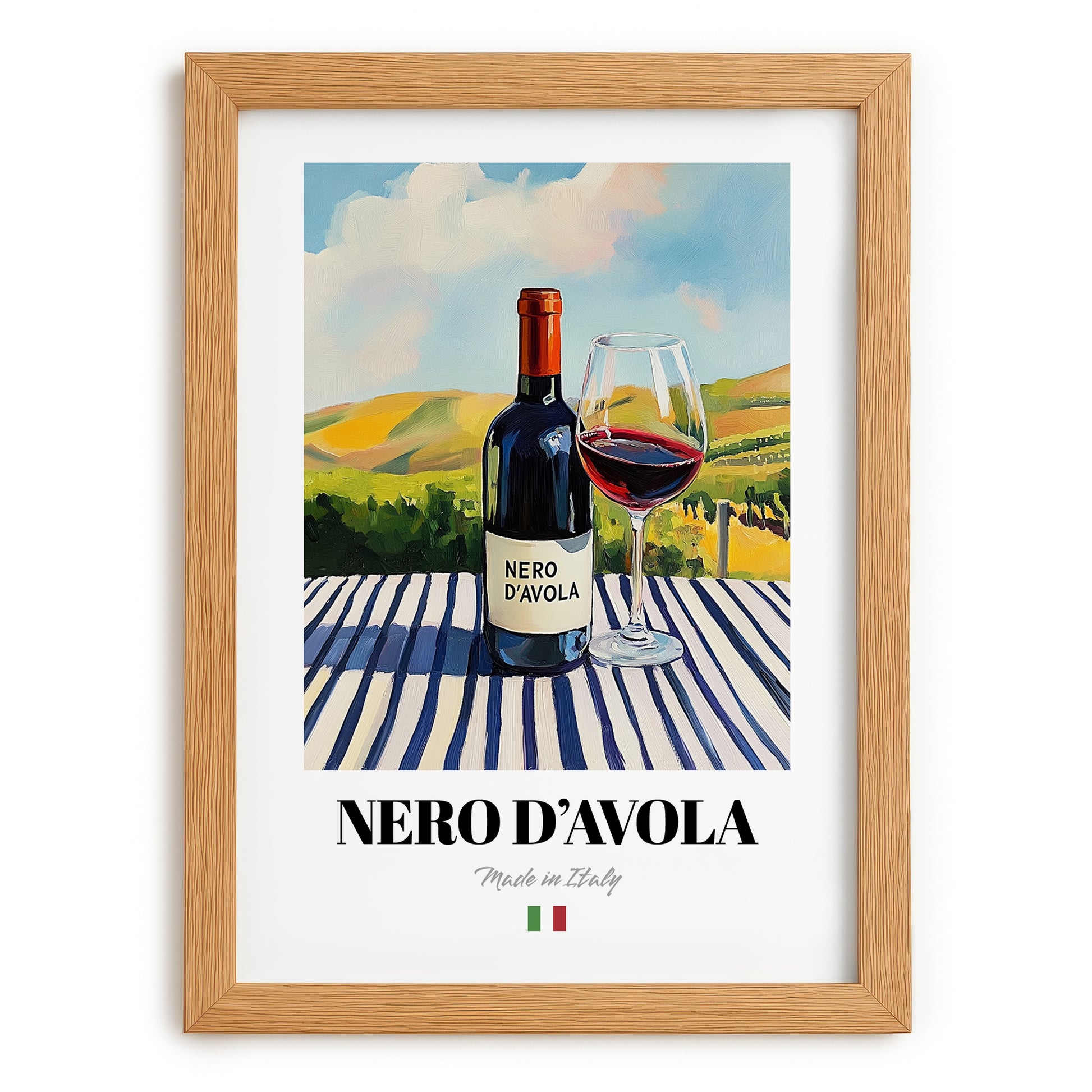 Nero d'Avola – Italian Red Wine, Wine Bar Wall Art, set in oak frame