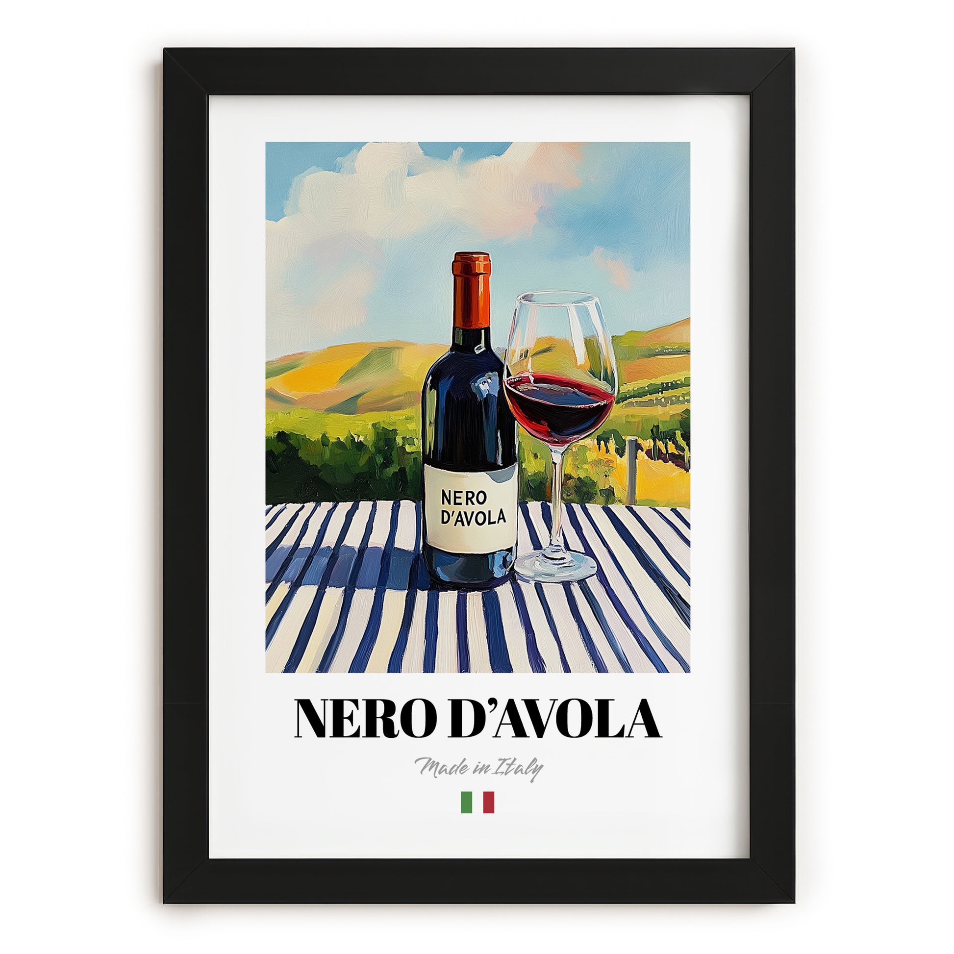 Nero d'Avola – Italian Red Wine, Wine Bar Wall Art, in sleek black frame