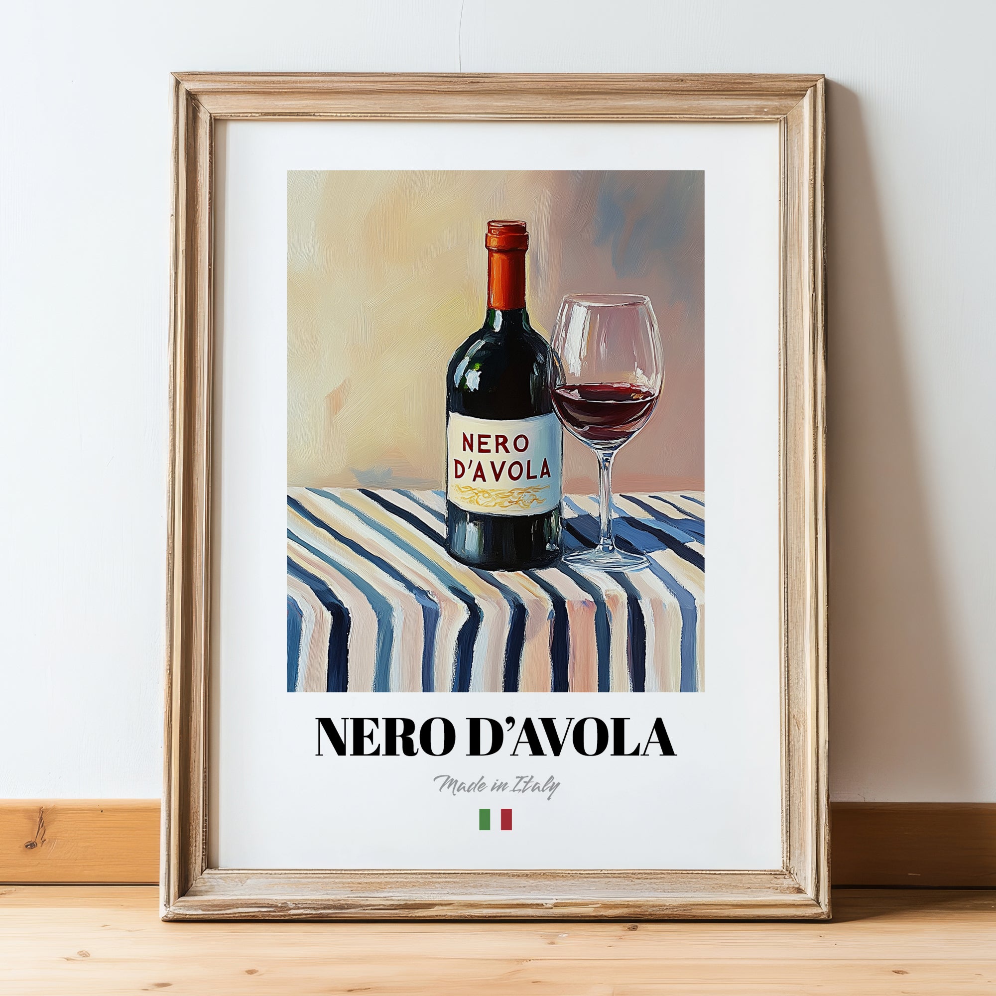 Nero d'Avola – Italian Red Wine, Vinoteca Painting, in wooden frame leaning on the floor