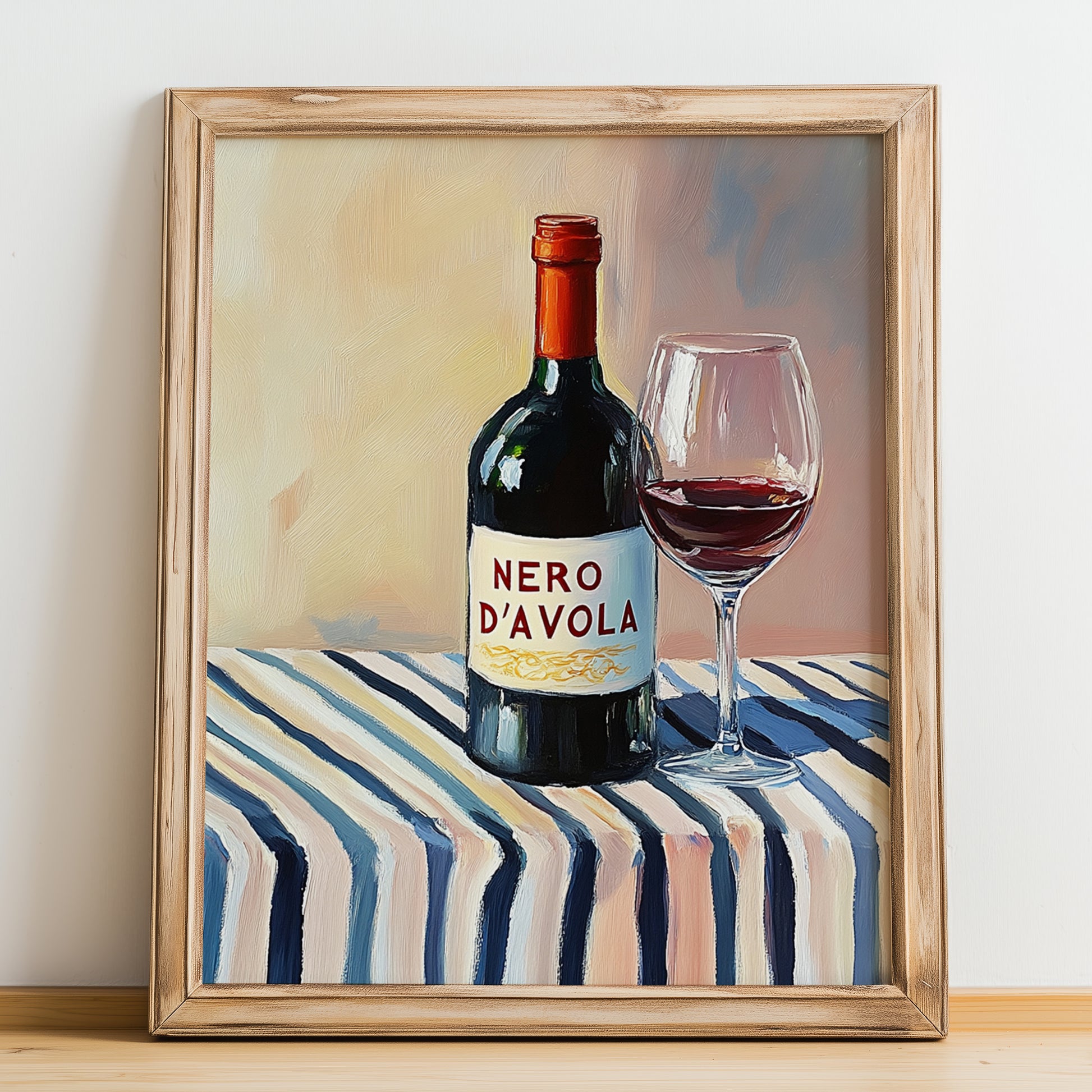 Nero d'Avola – Italian Red Wine, Vinoteca Painting, no-text version framed in wood