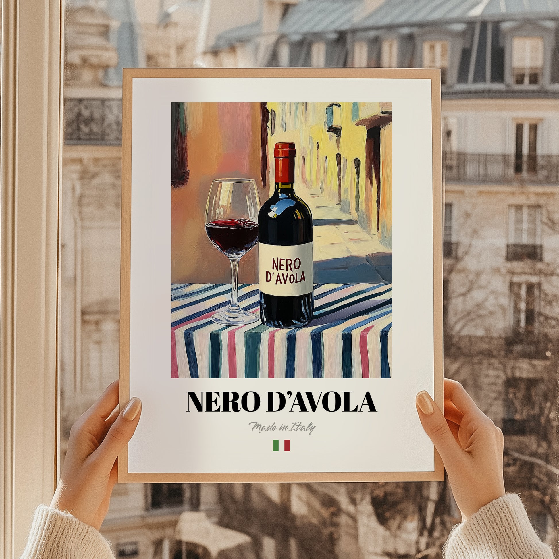 Nero d'Avola – Italian Red Wine, Enoteca Poster, styled in a charming Paris street view