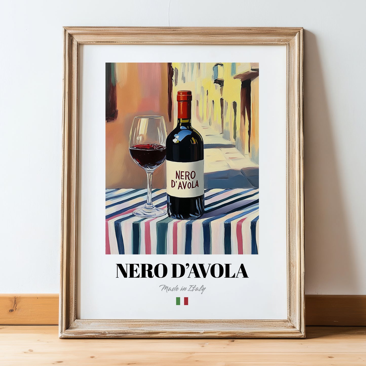 Nero d'Avola – Italian Red Wine, Enoteca Poster, in wooden frame leaning on the floor