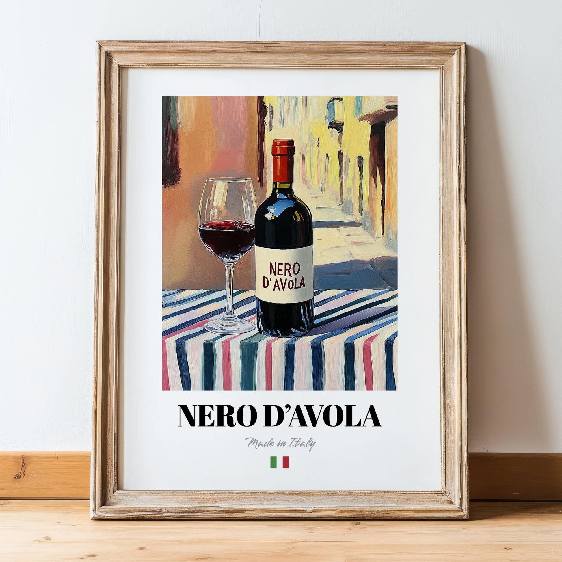 Nero d'Avola – Italian Red Wine, Enoteca Poster, in wooden frame leaning on the floor