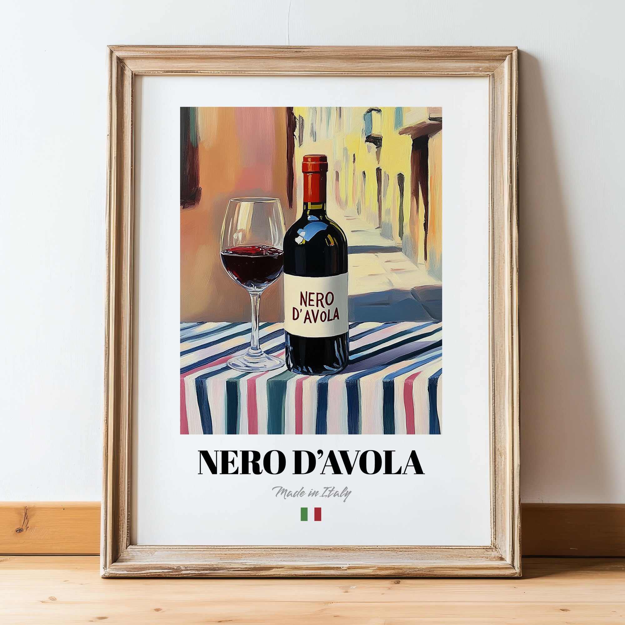 Nero d'Avola – Italian Red Wine, Enoteca Poster, in wooden frame leaning on the floor