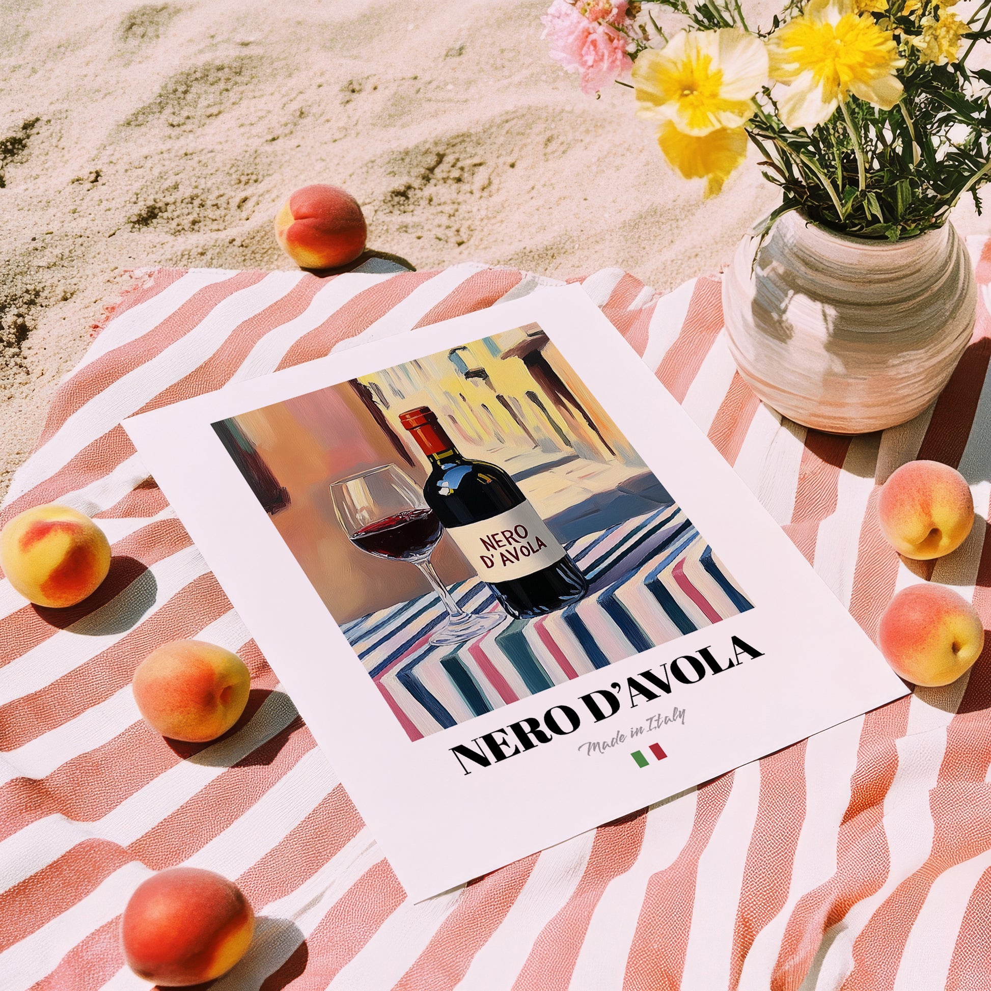 Nero d'Avola – Italian Red Wine, Enoteca Poster, unframed on coastal sand