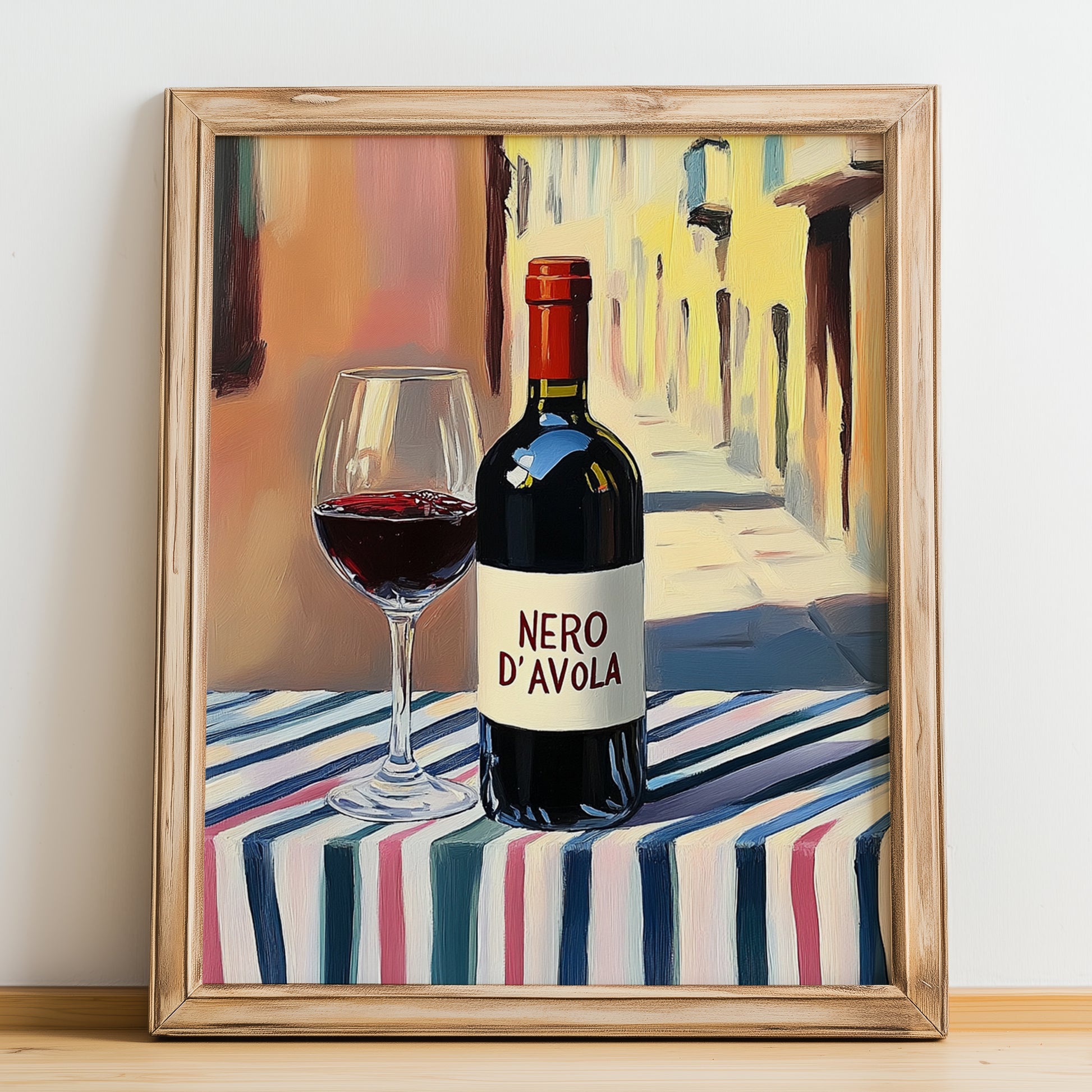 Nero d'Avola – Italian Red Wine, Enoteca Poster, no-text version framed in wood