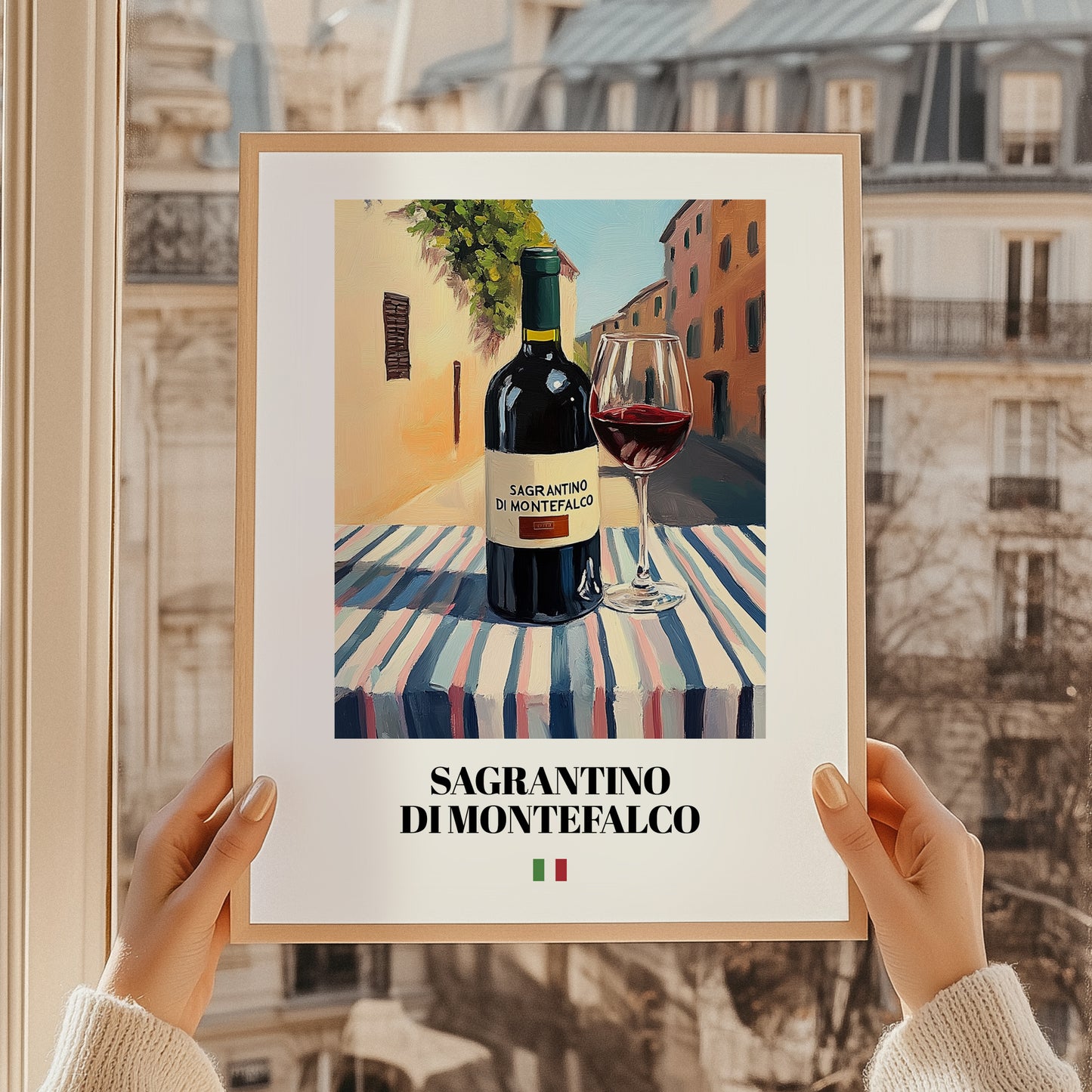 Sagrantino di Montefalco – Italian Red Wine, Enoteca Poster, styled in a charming Paris street view