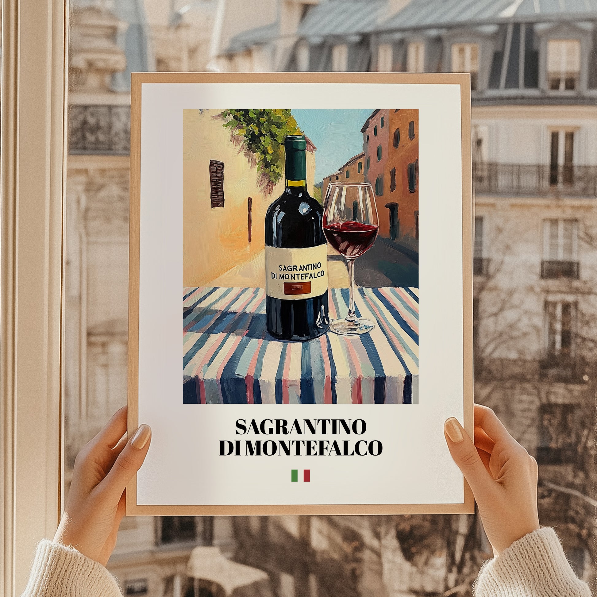Sagrantino di Montefalco – Italian Red Wine, Enoteca Poster, styled in a charming Paris street view
