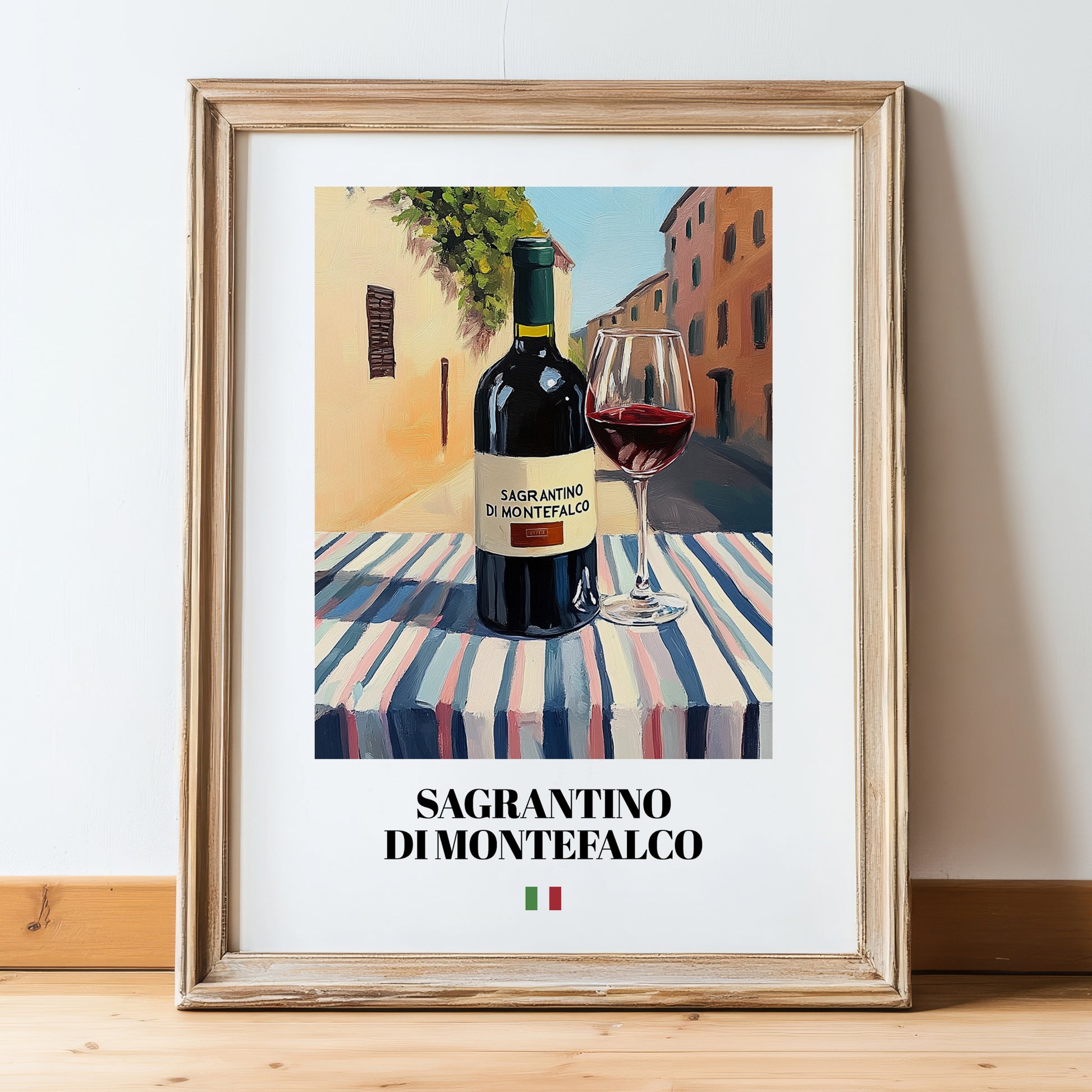 Sagrantino di Montefalco – Italian Red Wine, Enoteca Poster, in wooden frame leaning on the floor