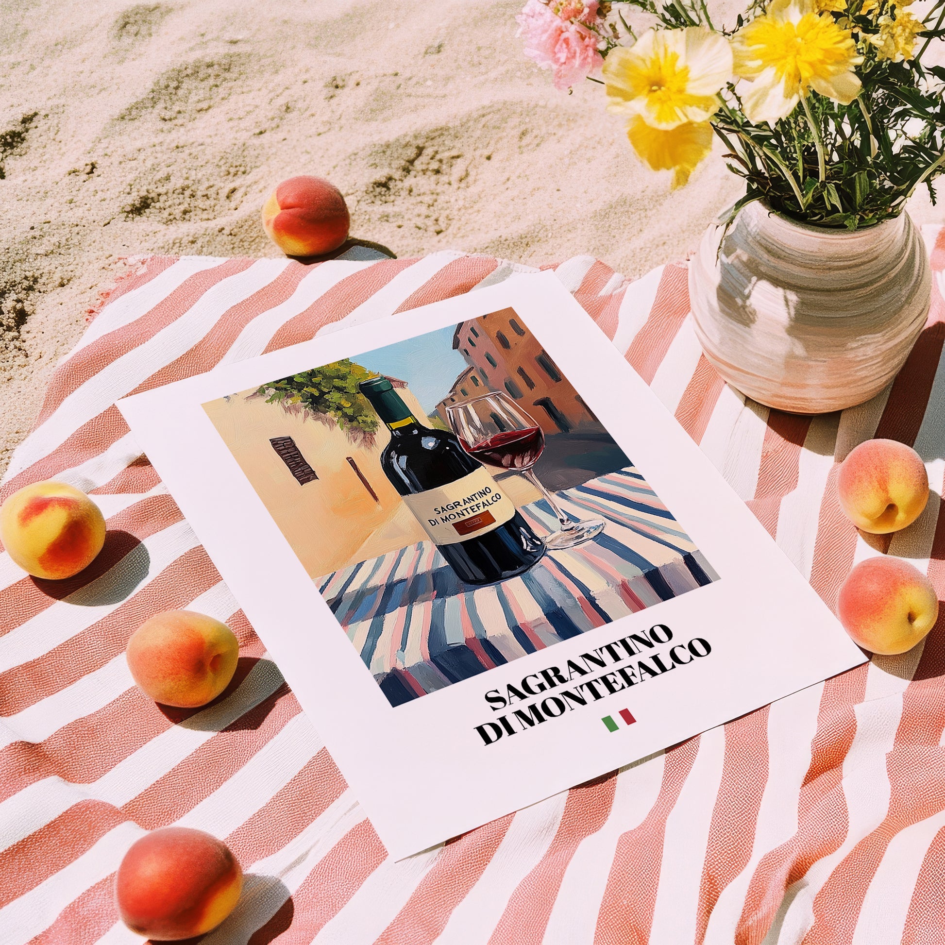 Sagrantino di Montefalco – Italian Red Wine, Enoteca Poster, unframed on coastal sand