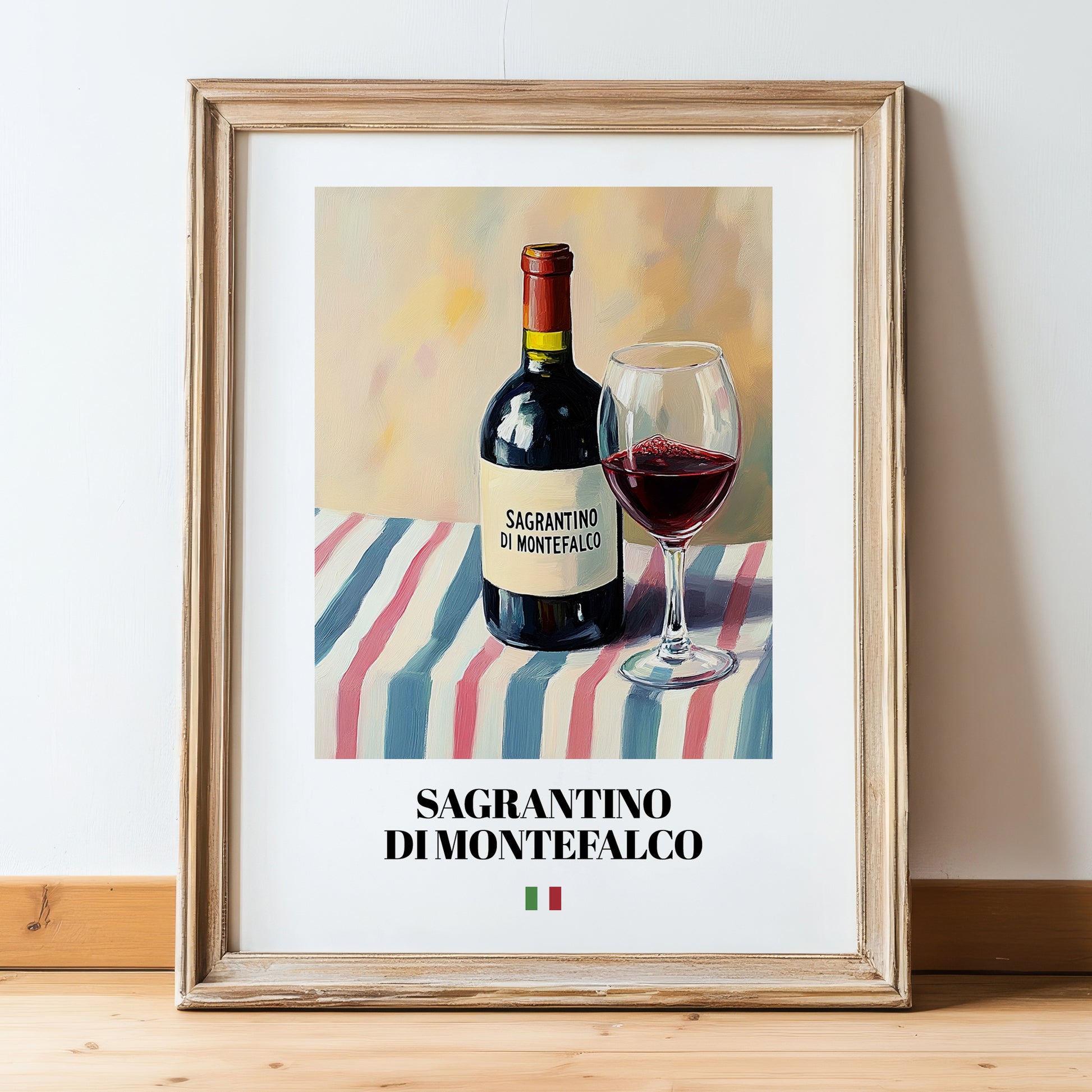 Sagrantino di Montefalco – Italian Red Wine, Wine Bar Poster, in wooden frame leaning on the floor