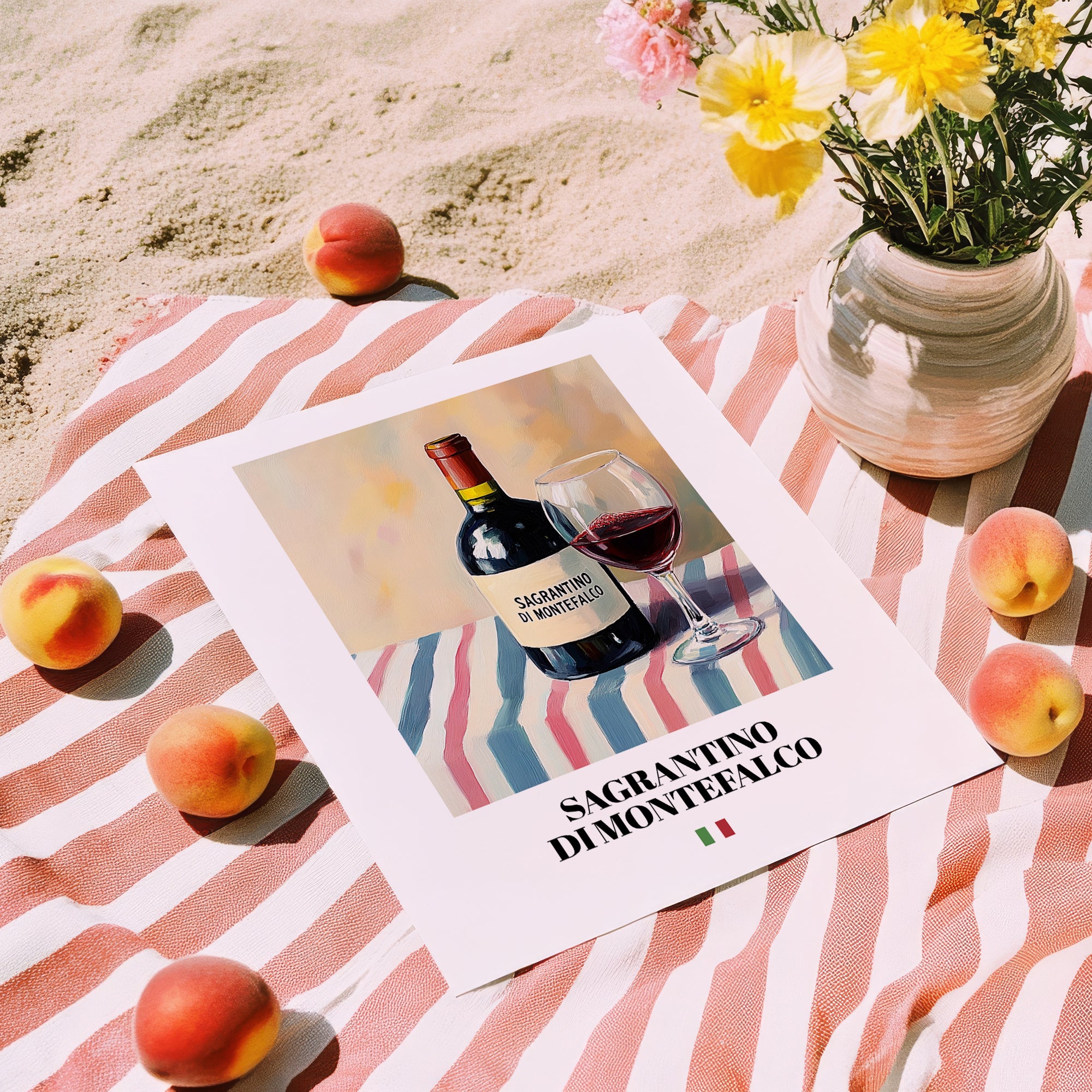 Sagrantino di Montefalco – Italian Red Wine, Wine Bar Poster, unframed on coastal sand