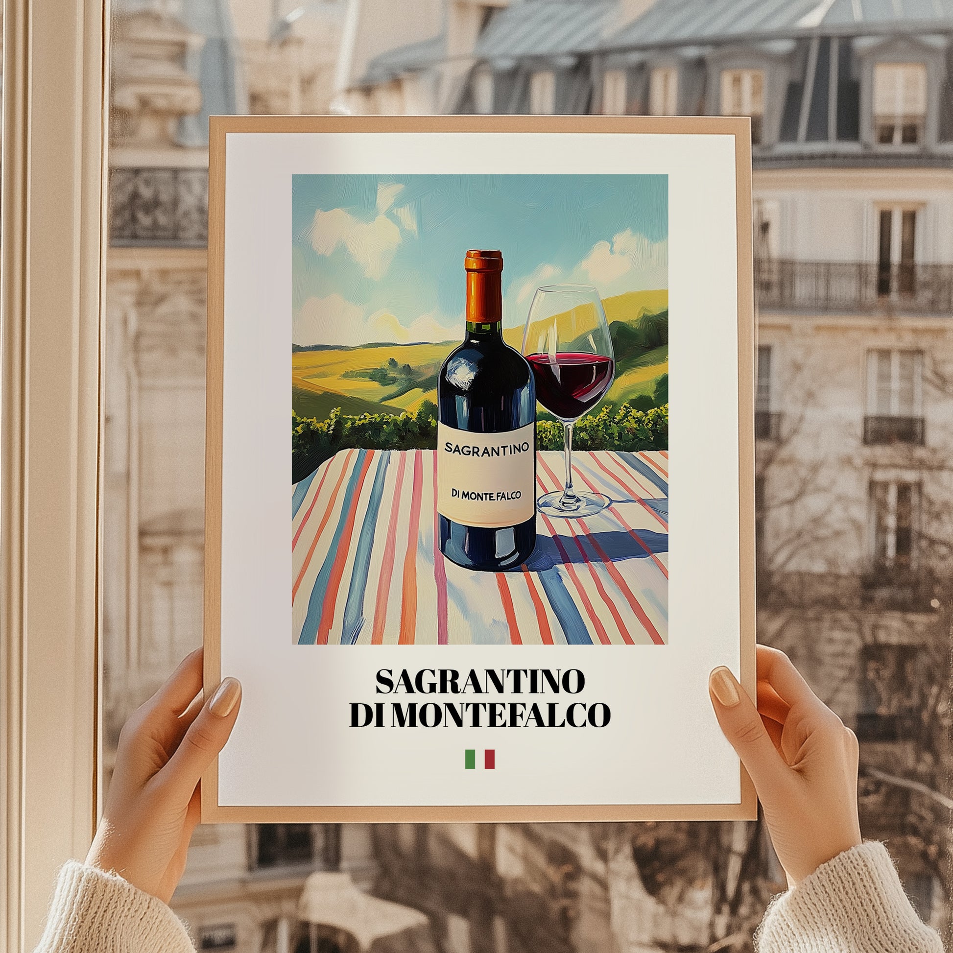 Sagrantino di Montefalco – Italian Red Wine, Wine Bar Painting, styled in a charming Paris street view