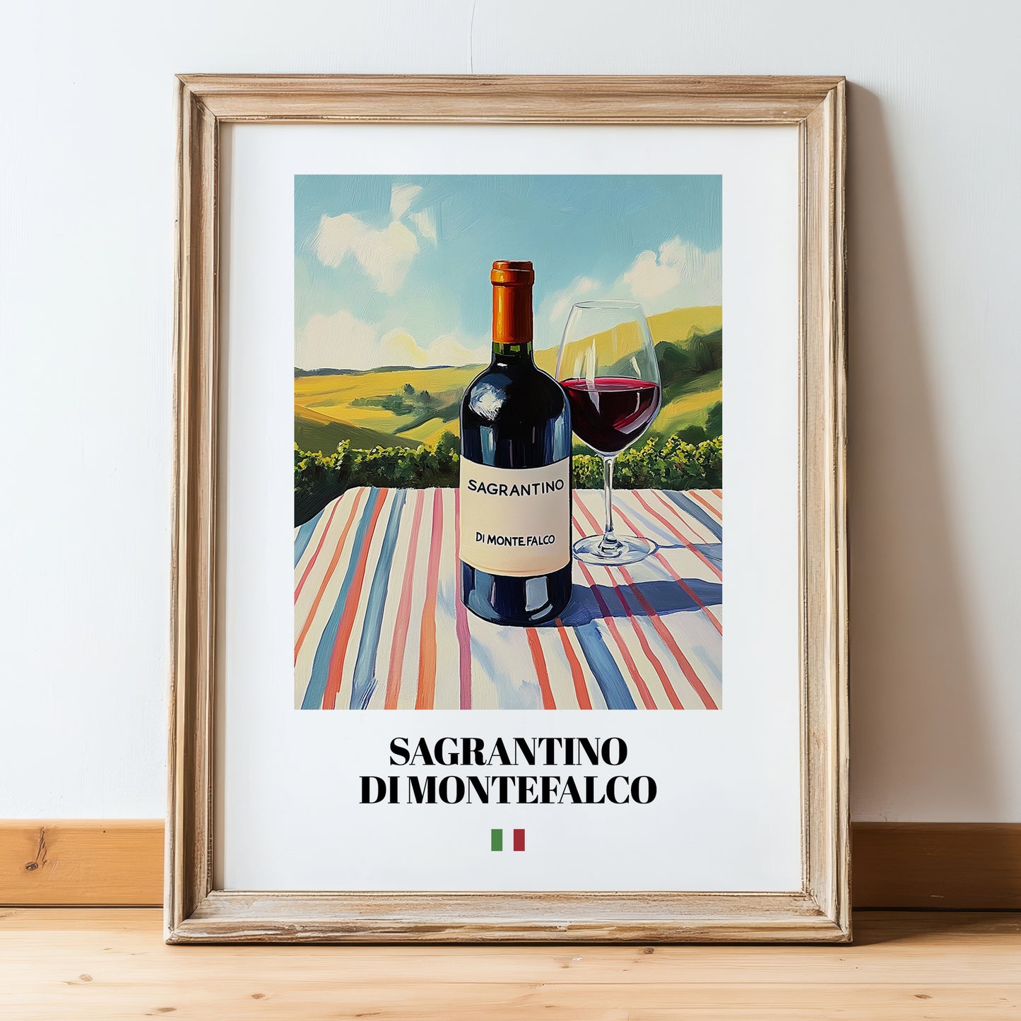 Sagrantino di Montefalco – Italian Red Wine, Wine Bar Painting, in wooden frame leaning on the floor