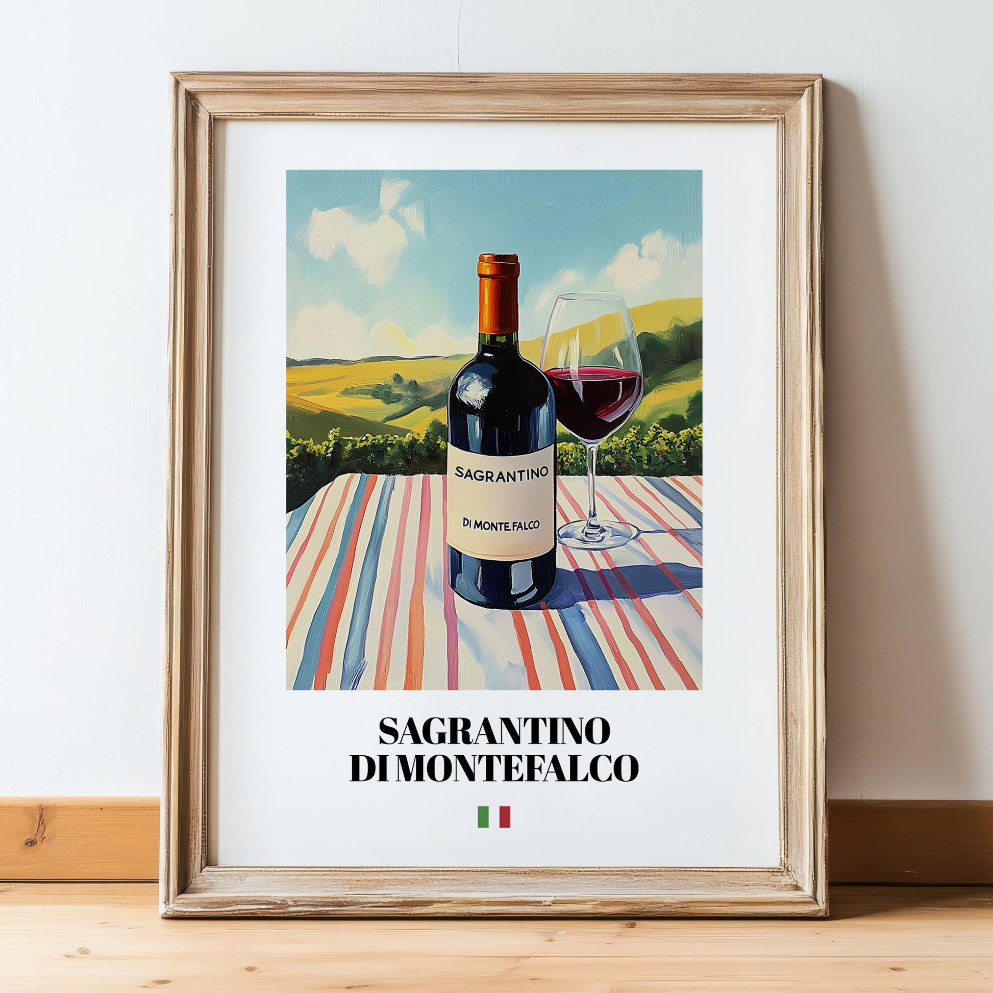 Sagrantino di Montefalco – Italian Red Wine, Wine Bar Painting, in wooden frame leaning on the floor