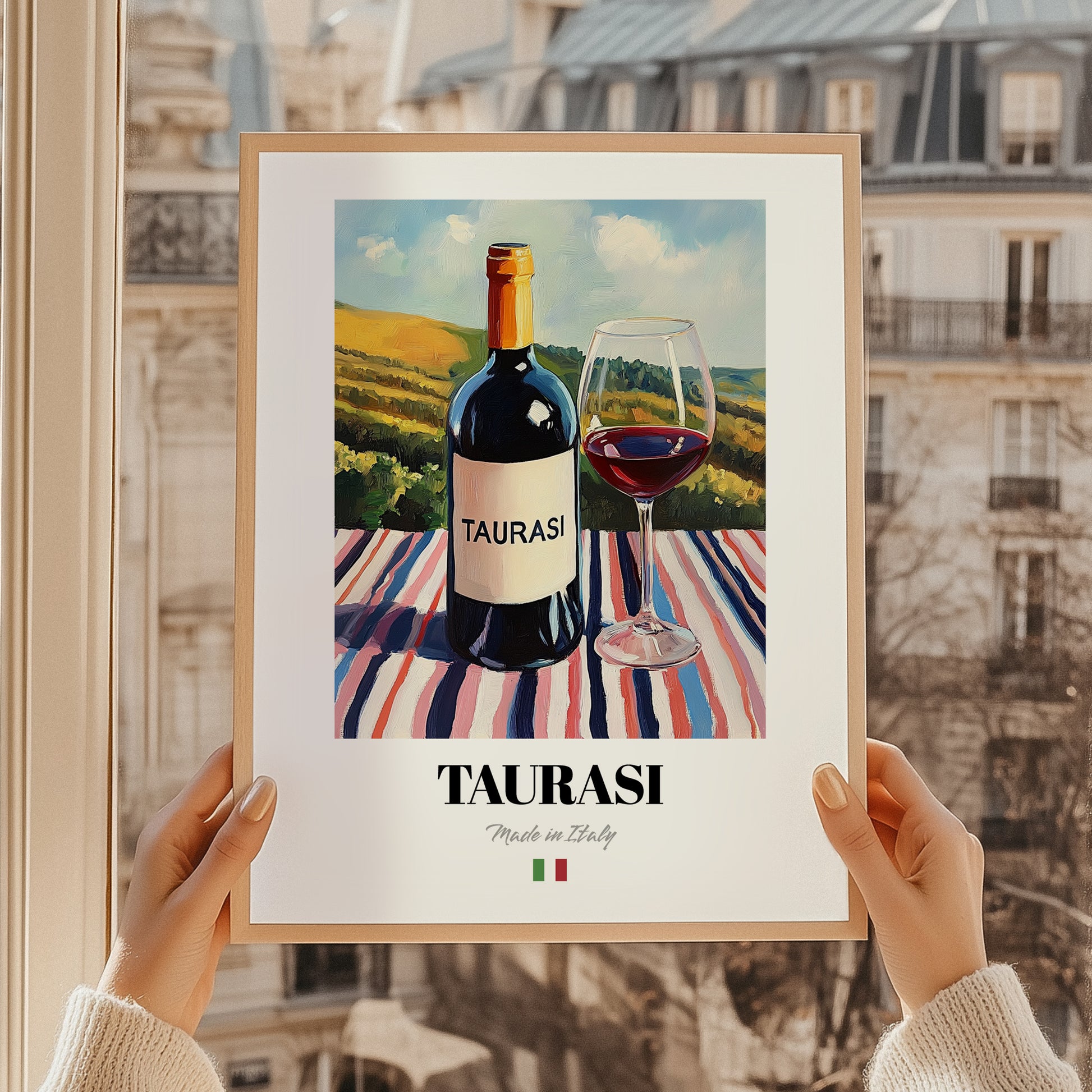 Taurasi – Italian Red Wine, Bodega Illustration, styled in a charming Paris street view