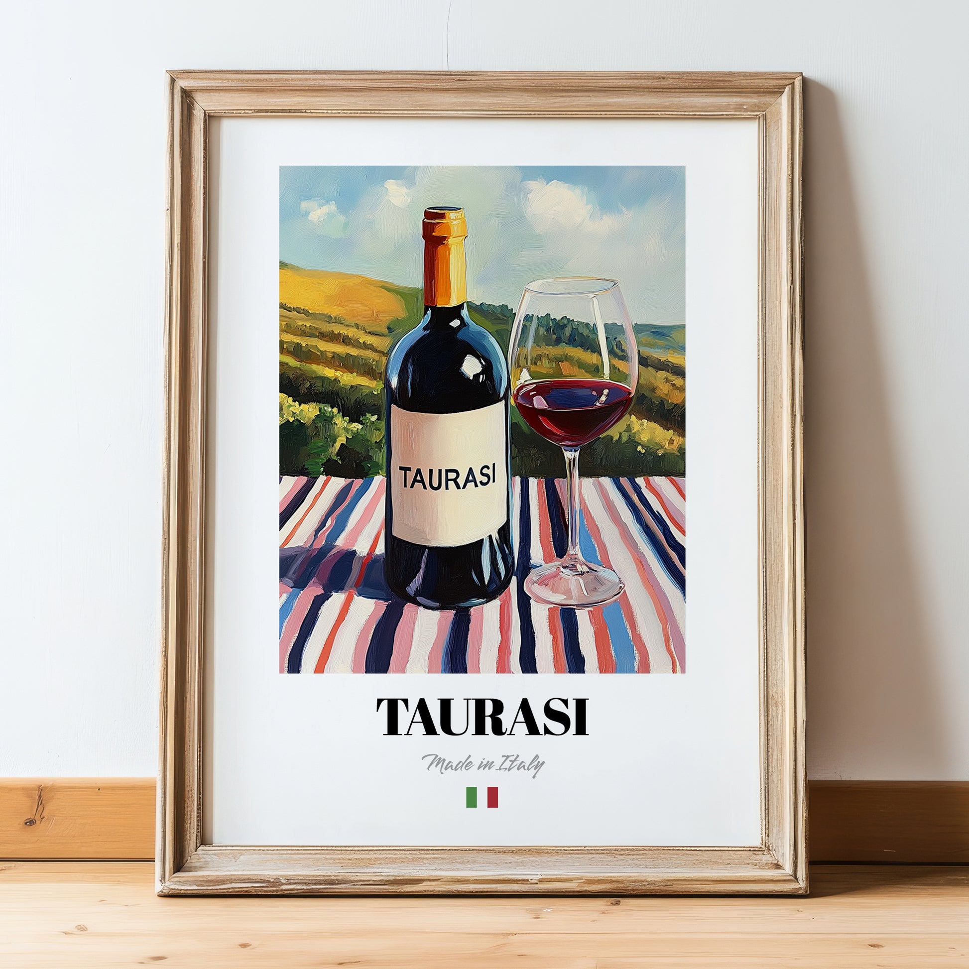 Taurasi – Italian Red Wine, Bodega Illustration, in wooden frame leaning on the floor
