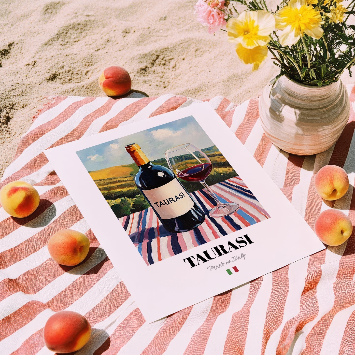 Taurasi – Italian Red Wine, Bodega Illustration, unframed on coastal sand