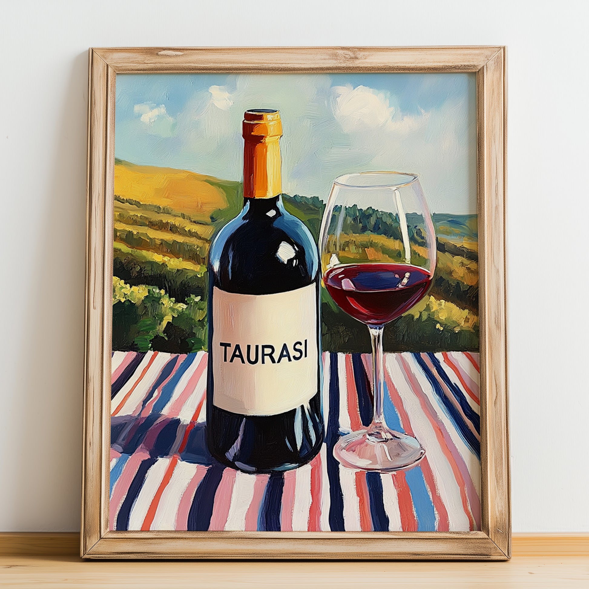 Taurasi – Italian Red Wine, Bodega Illustration, no-text version framed in wood