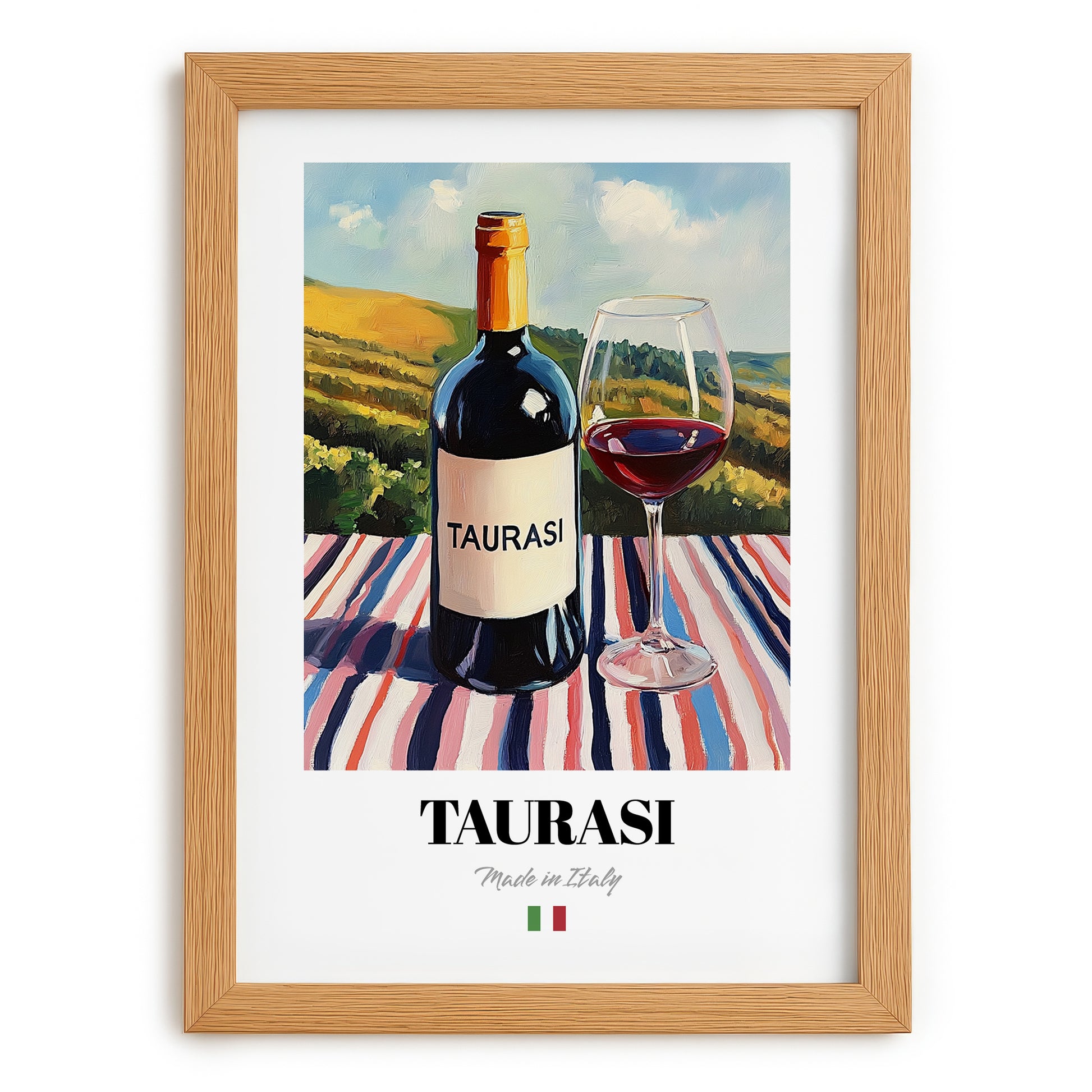 Taurasi – Italian Red Wine, Bodega Illustration, set in oak frame