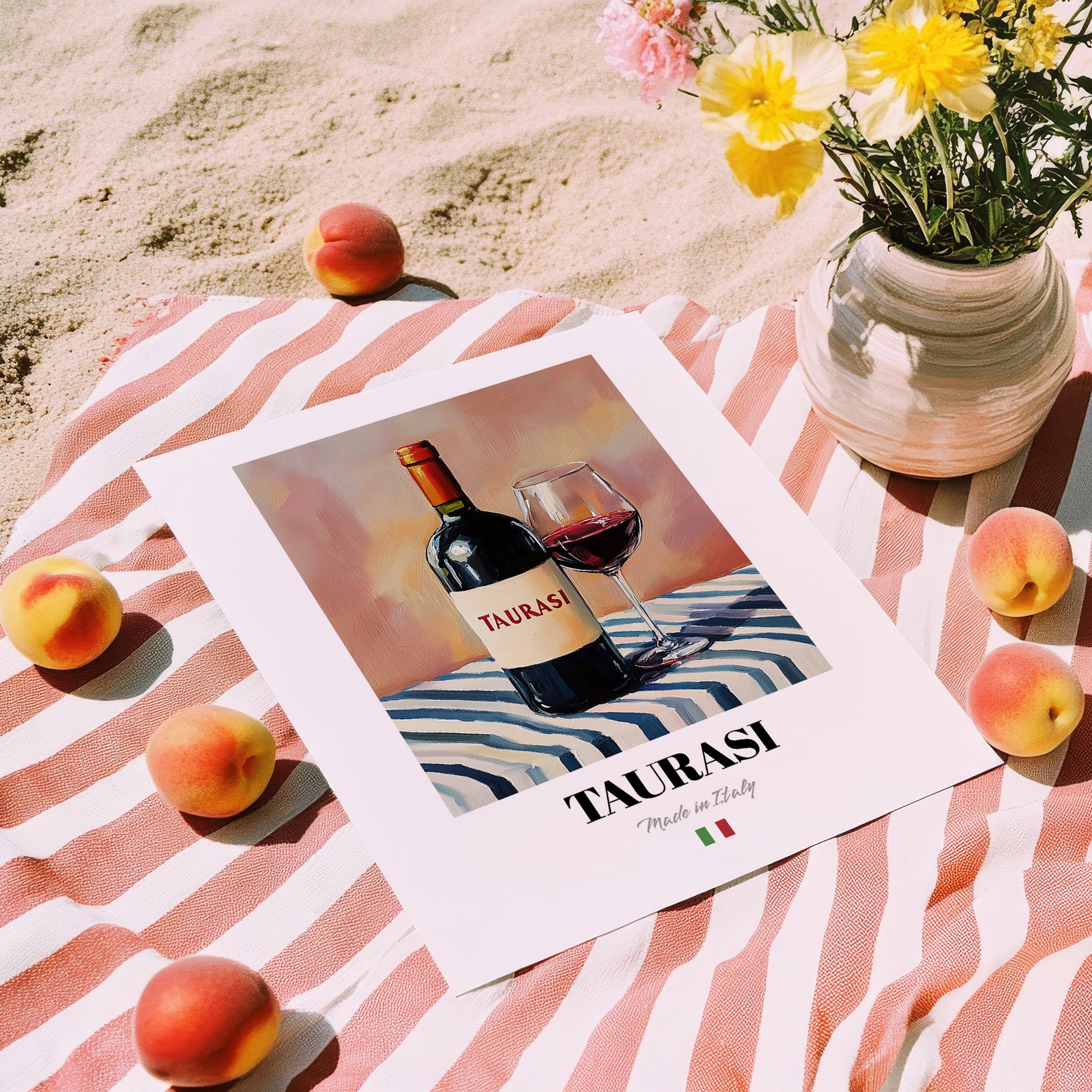Taurasi – Italian Red Wine, Vineyard Terrace Print, unframed on coastal sand