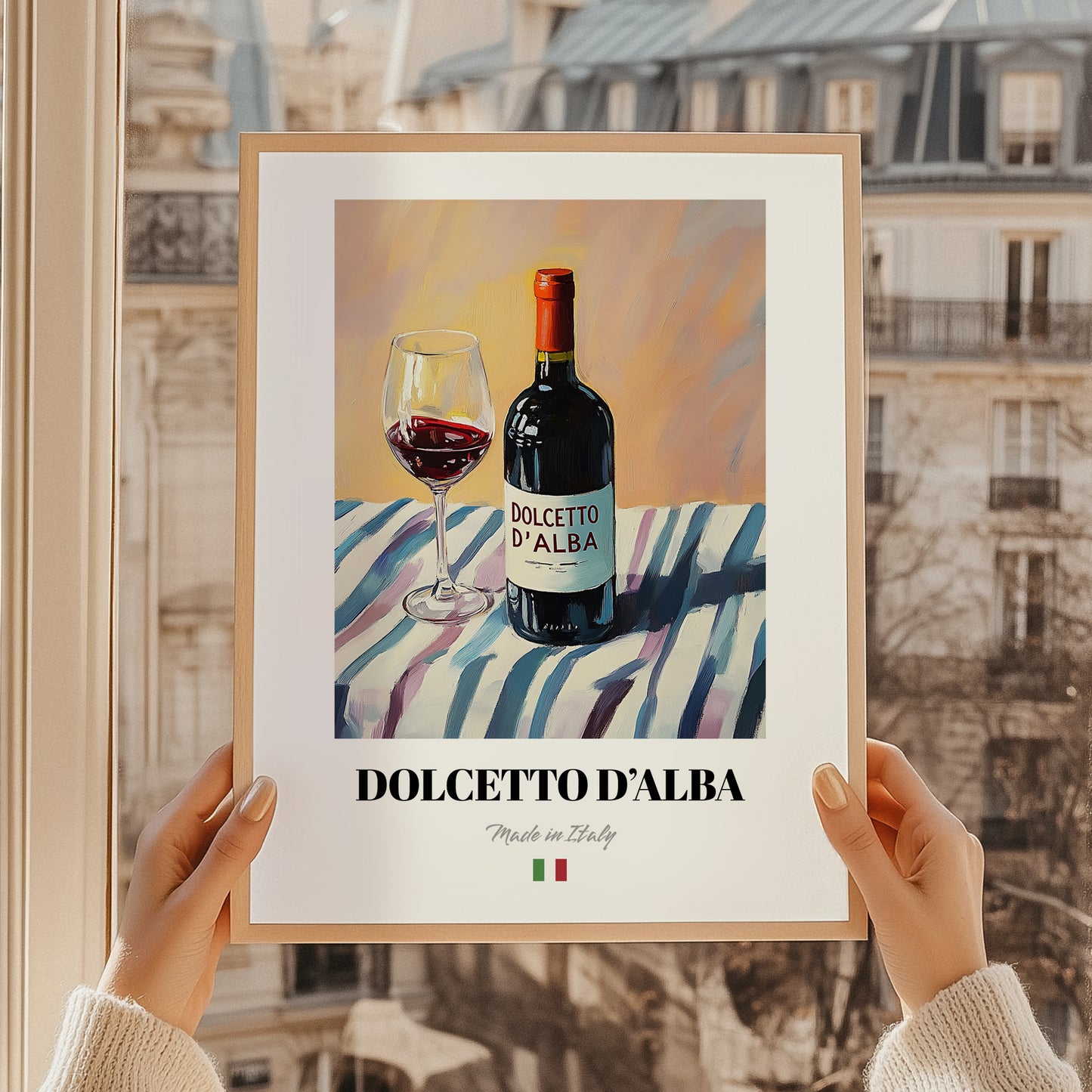 Dolcetto d'Alba – Italian Red Wine, Wine Bar Wall Art, styled in a charming Paris street view