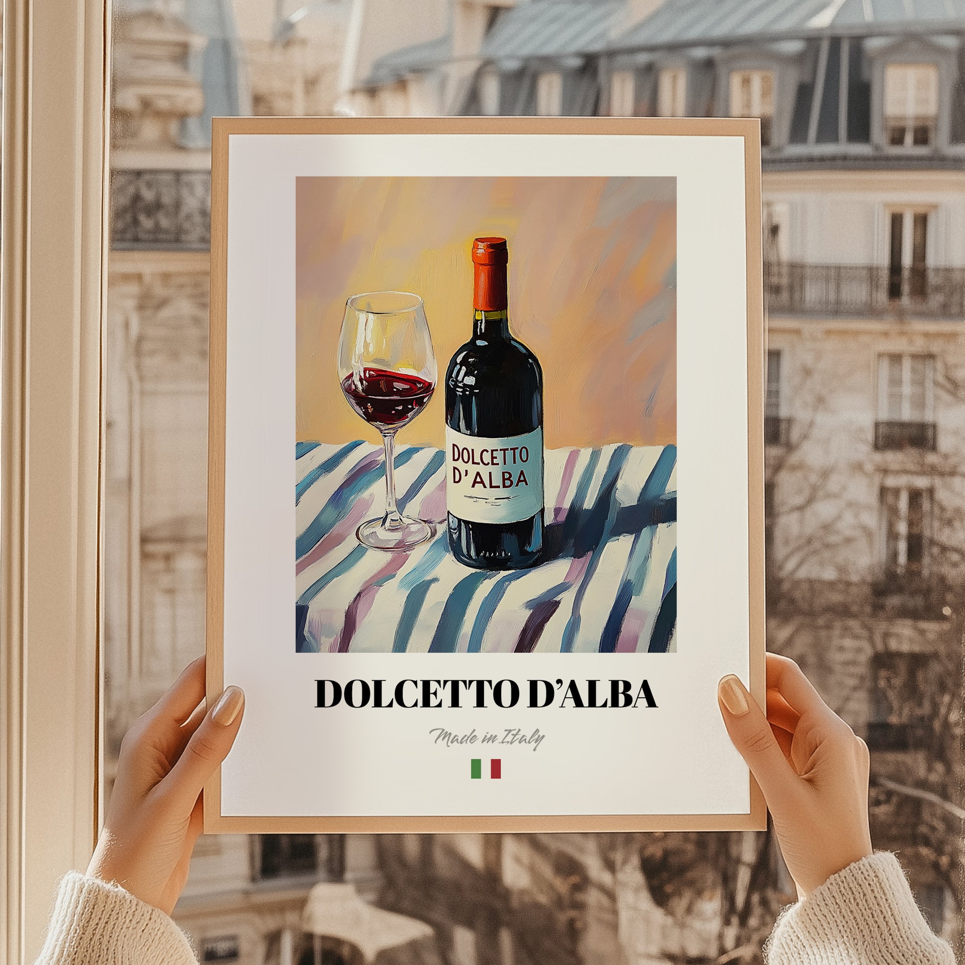 Dolcetto d'Alba – Italian Red Wine, Wine Bar Wall Art, styled in a charming Paris street view