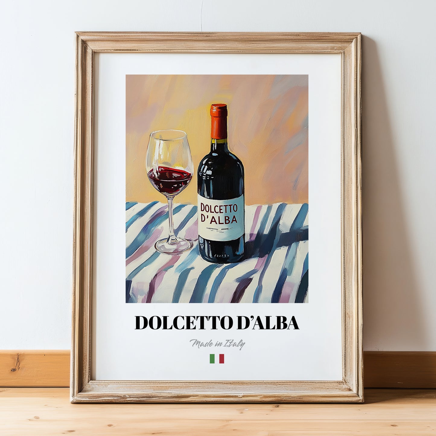 Dolcetto d'Alba – Italian Red Wine, Wine Bar Wall Art, in wooden frame leaning on the floor