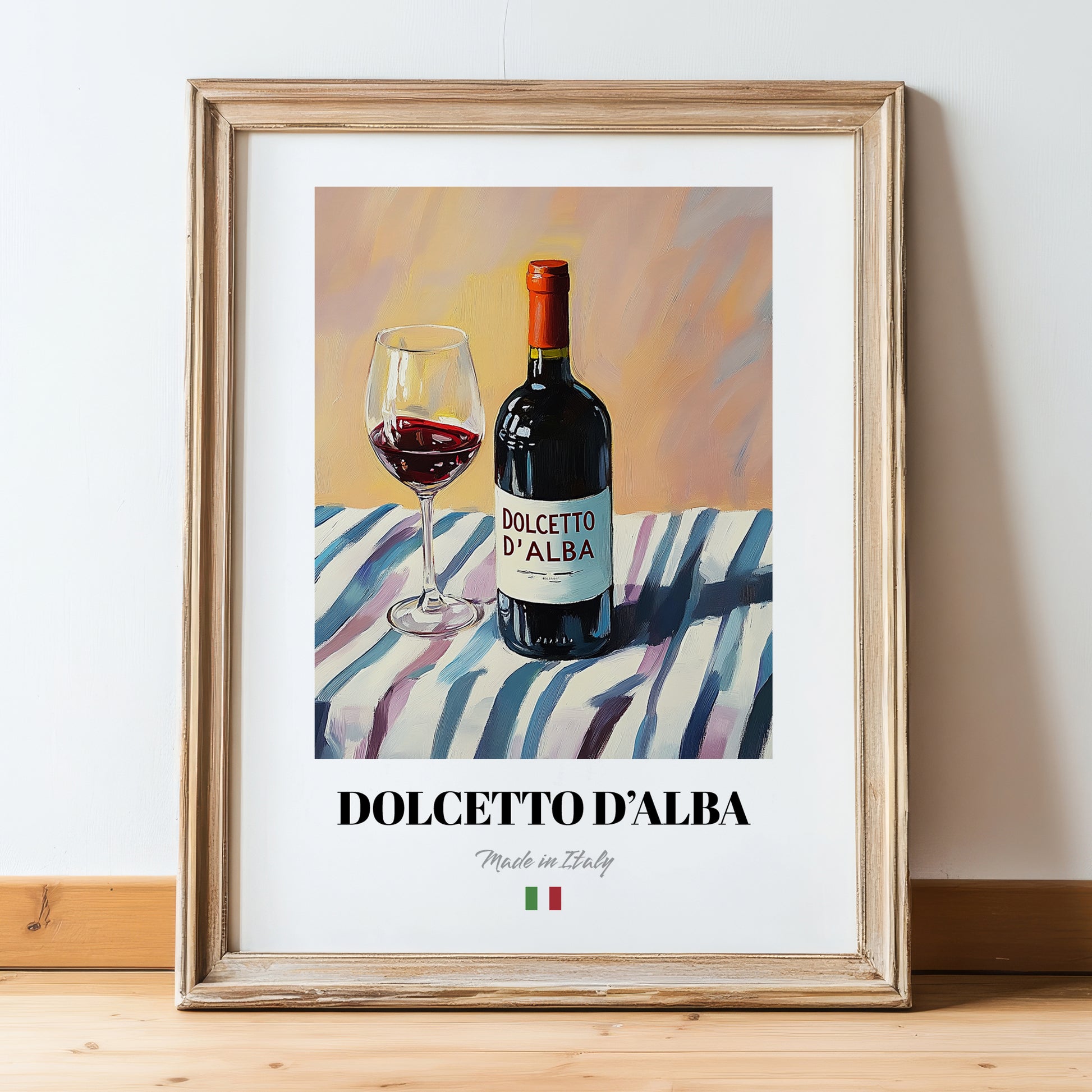 Dolcetto d'Alba – Italian Red Wine, Wine Bar Wall Art, in wooden frame leaning on the floor