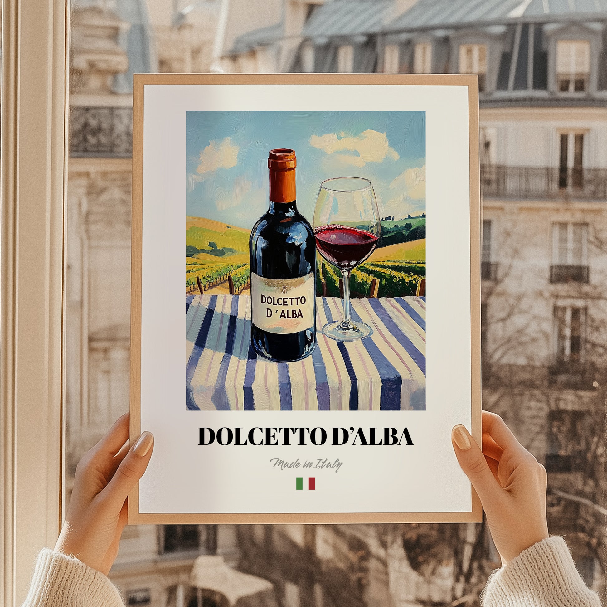 Dolcetto d'Alba – Italian Red Wine, Vinoteca Wall Art, styled in a charming Paris street view