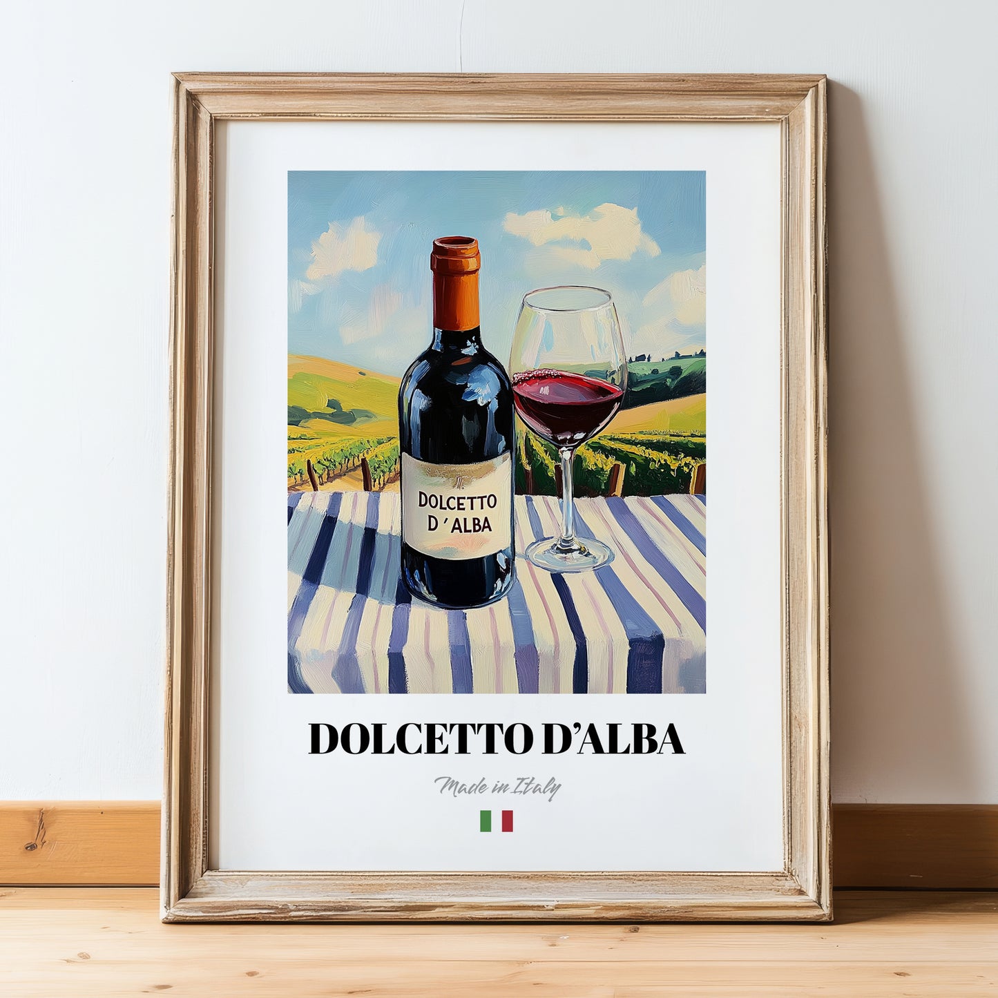 Dolcetto d'Alba – Italian Red Wine, Vinoteca Wall Art, in wooden frame leaning on the floor