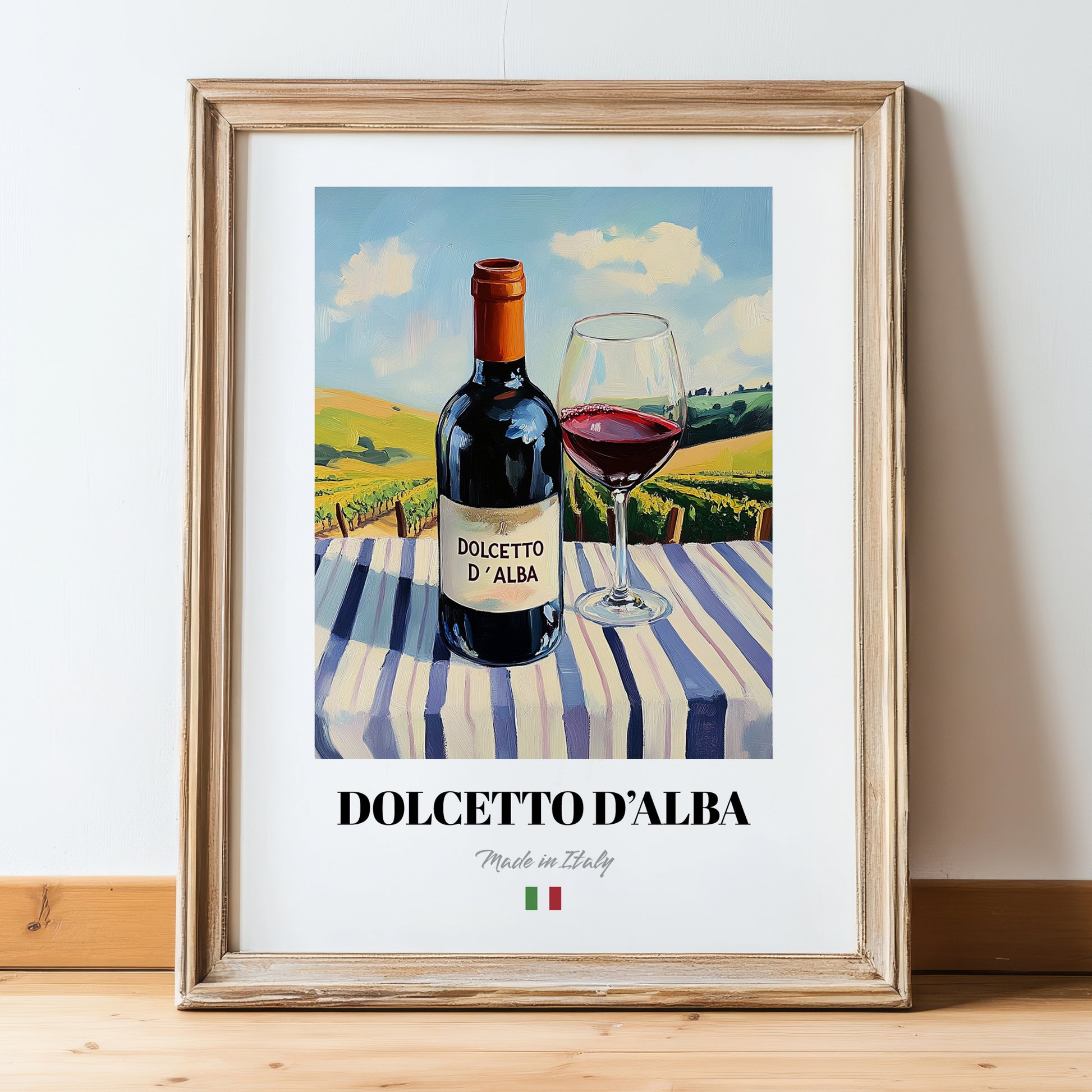 Dolcetto d'Alba – Italian Red Wine, Vinoteca Wall Art, in wooden frame leaning on the floor