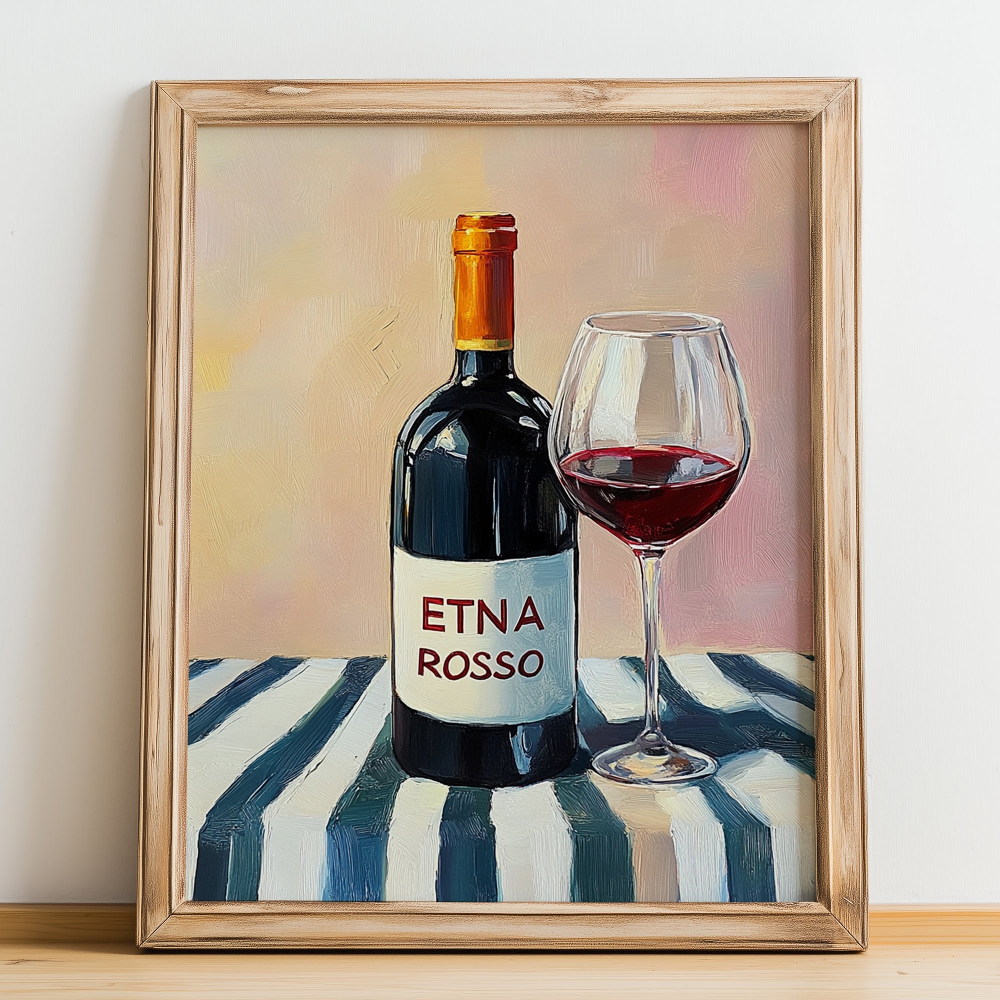 Etna Rosso – Italian Red Wine, Tasting Room Painting, no-text version framed in wood