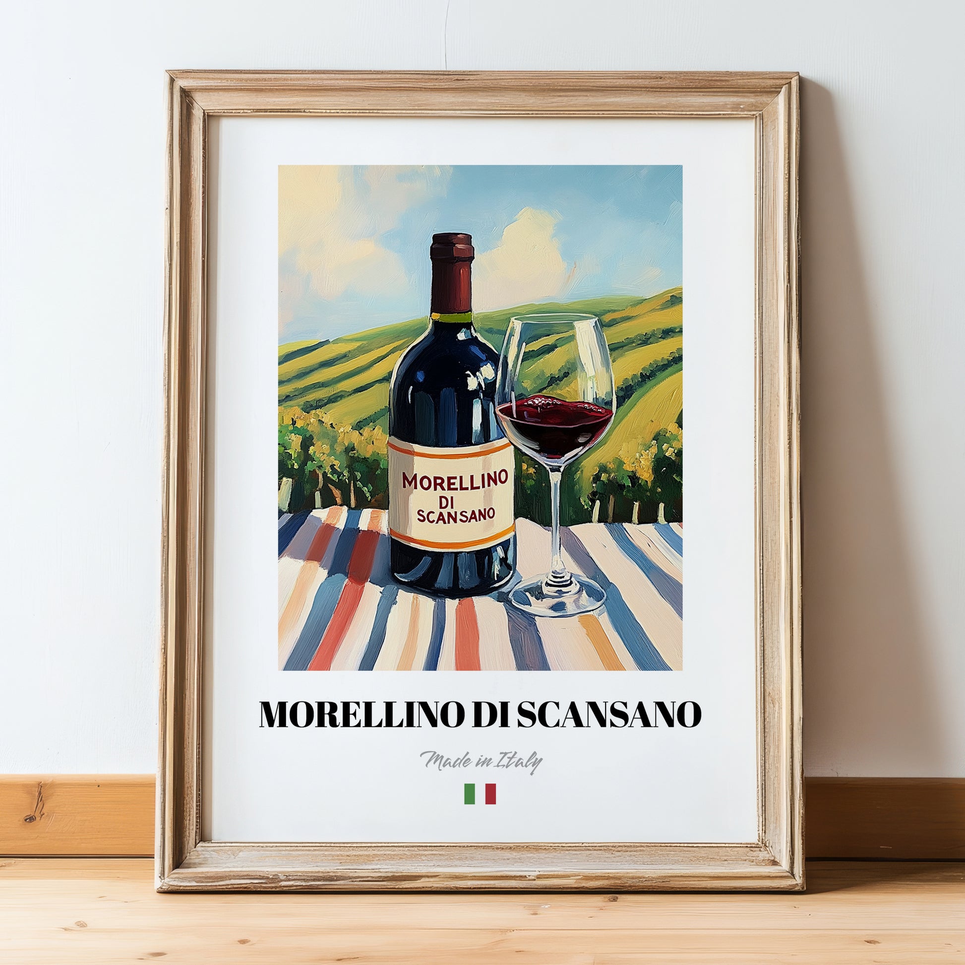 Morellino di Scansano – Italian Red Wine, Vinoteca Art, in wooden frame leaning on the floor