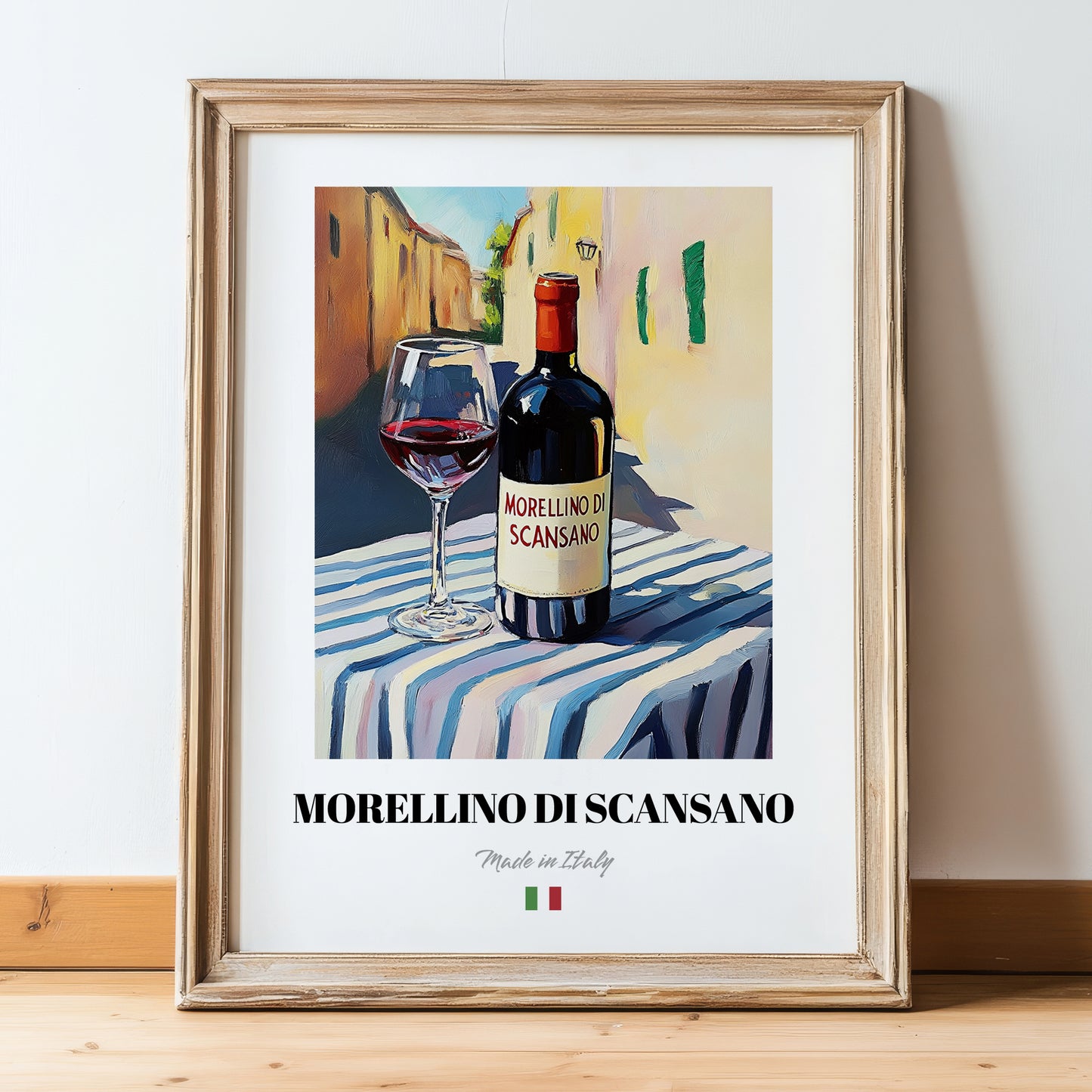 Morellino di Scansano – Italian Red Wine, Tasting Room Wall Art, in wooden frame leaning on the floor