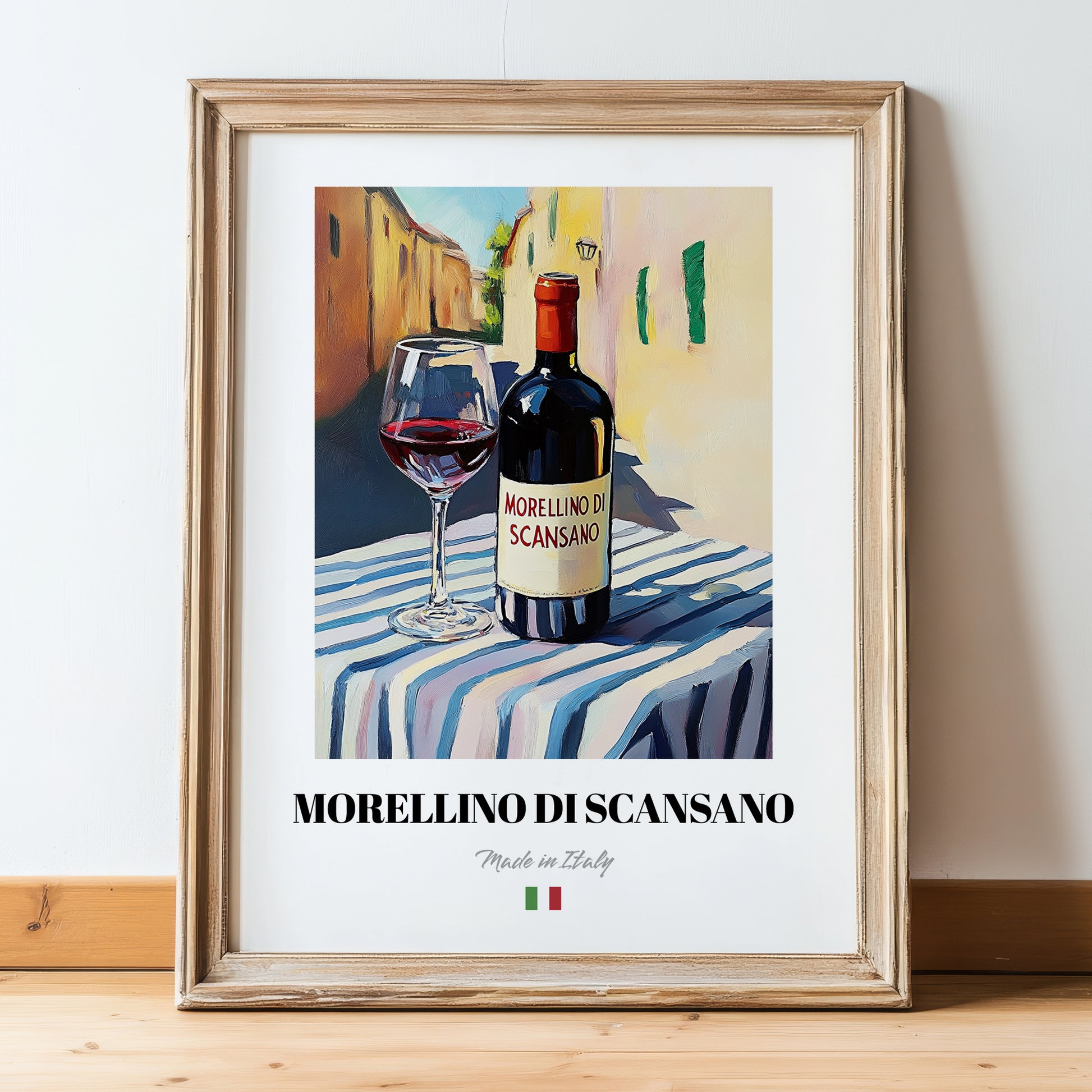 Morellino di Scansano – Italian Red Wine, Tasting Room Wall Art, in wooden frame leaning on the floor