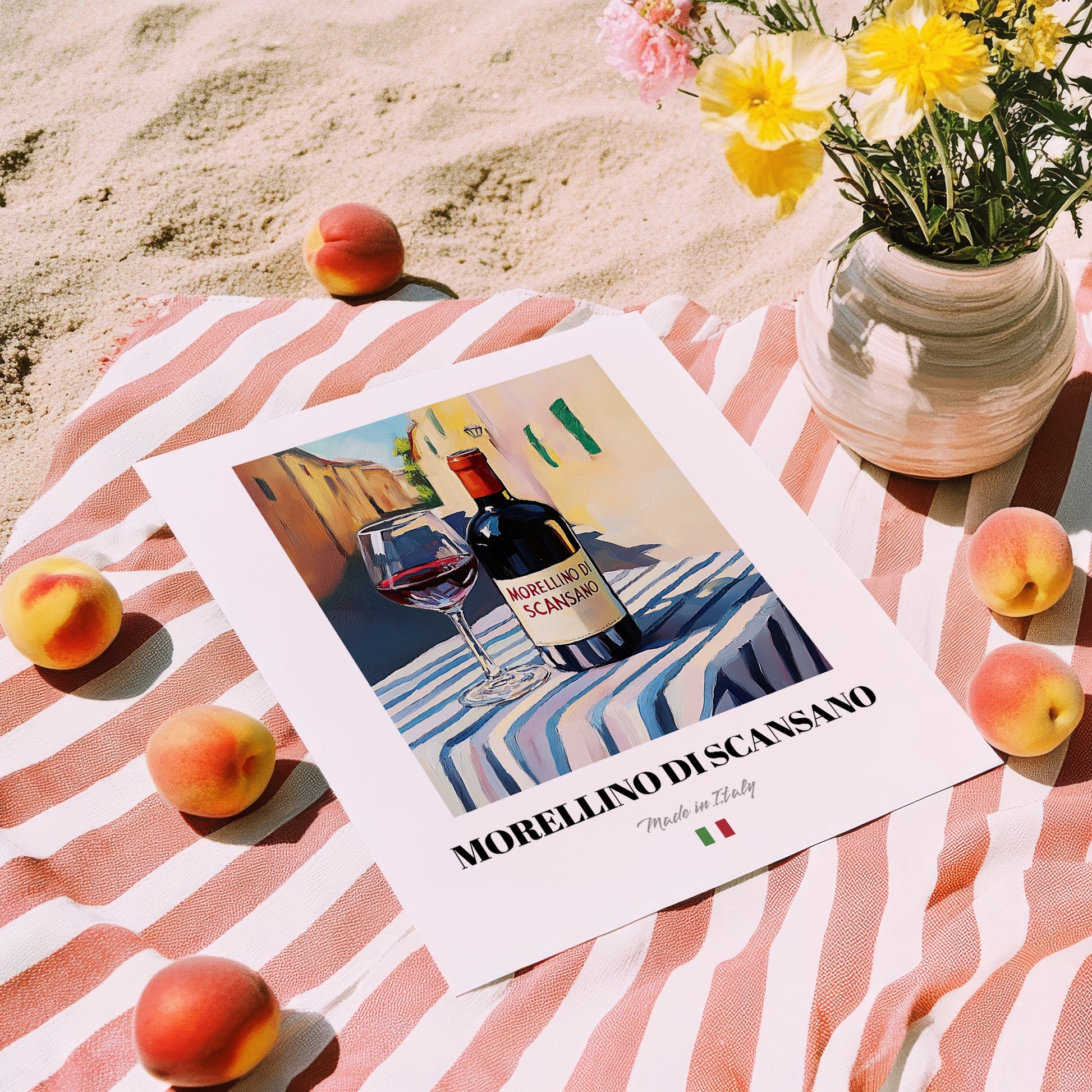 Morellino di Scansano – Italian Red Wine, Tasting Room Wall Art, unframed on coastal sand