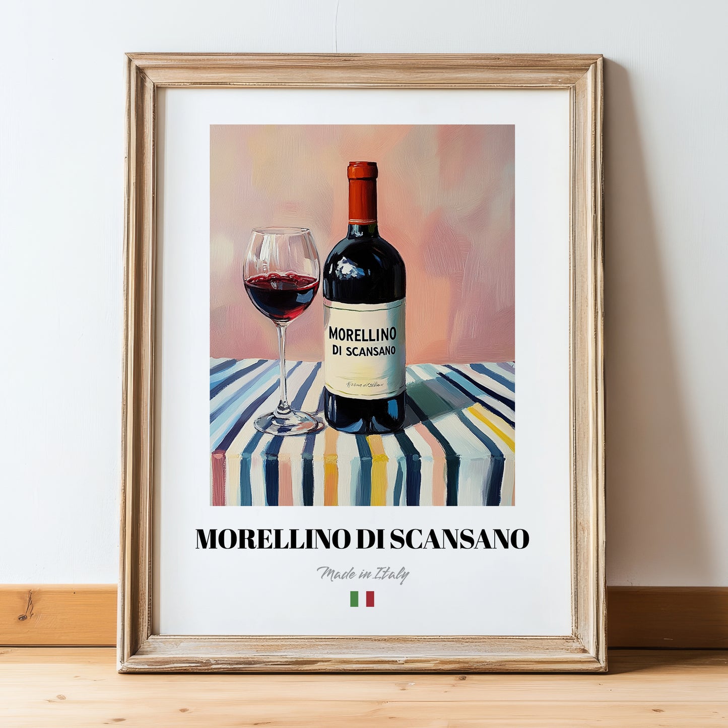 Morellino di Scansano – Italian Red Wine, Tasting Room Wall Art, in wooden frame leaning on the floor