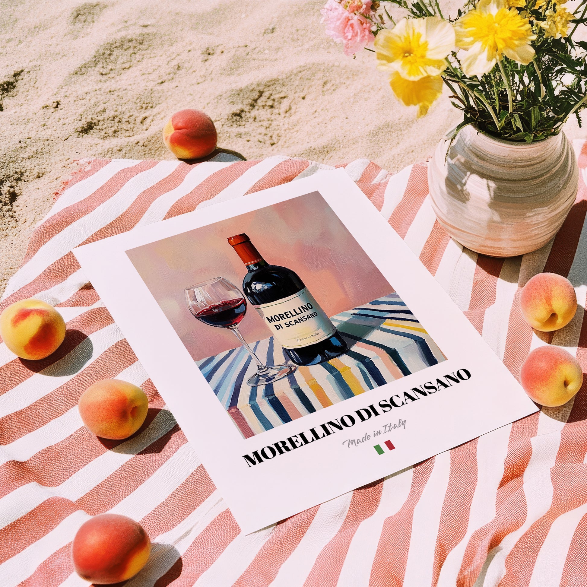 Morellino di Scansano – Italian Red Wine, Tasting Room Wall Art, unframed on coastal sand