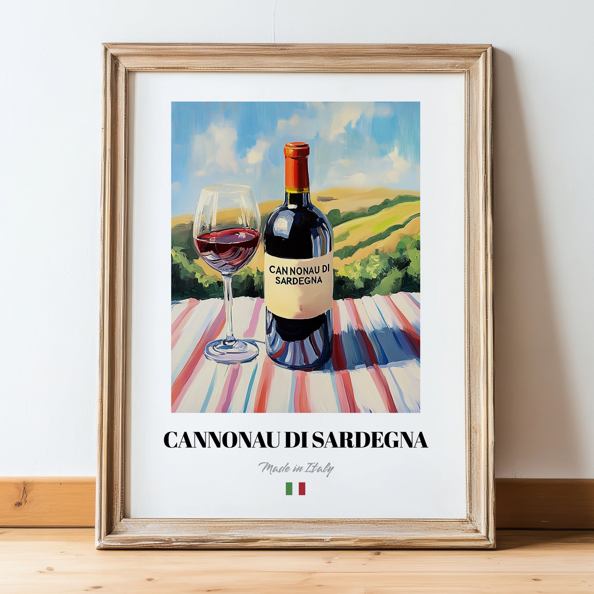 Cannonau di Sardegna – Italian Red Wine, Bodega Wall Art, in wooden frame leaning on the floor