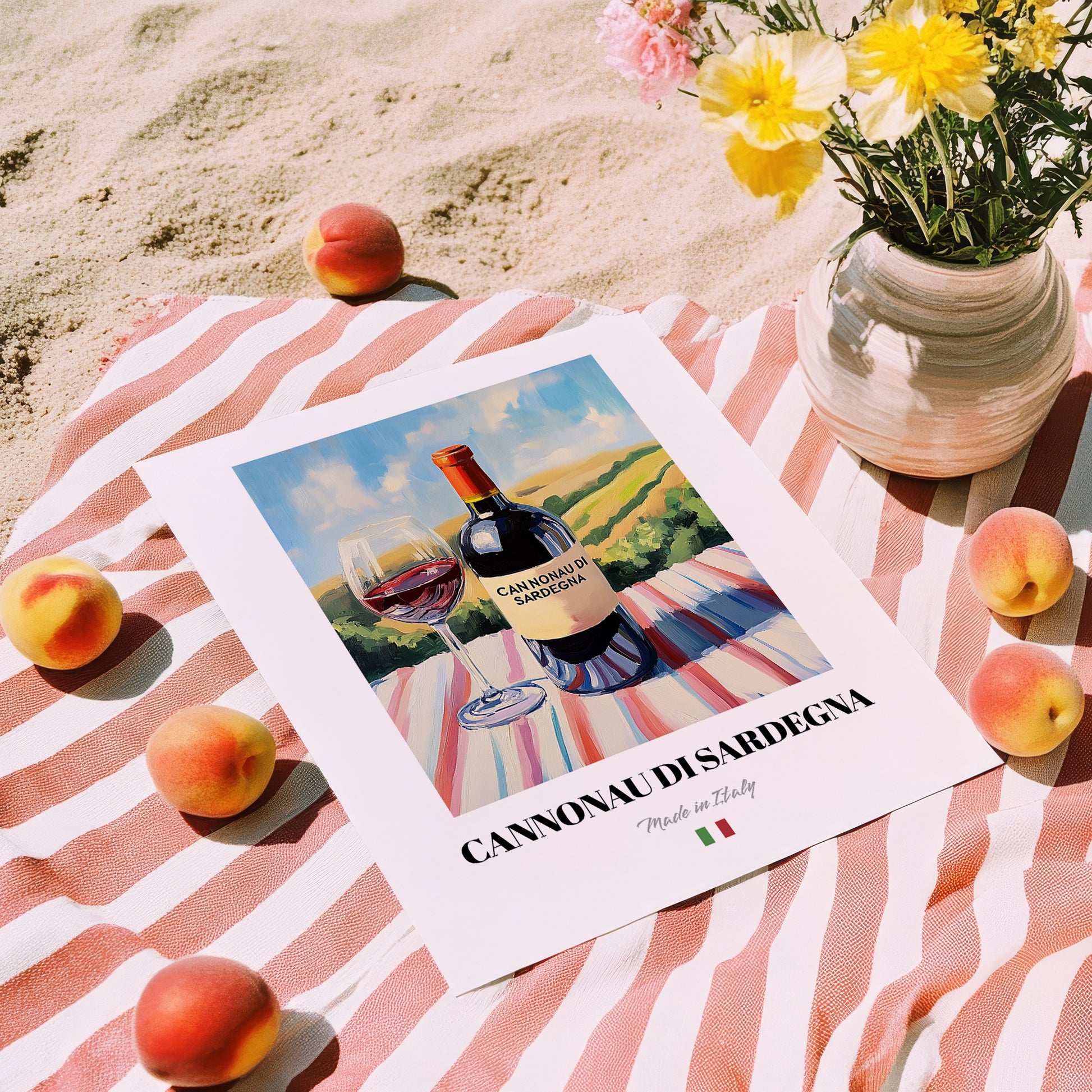 Cannonau di Sardegna – Italian Red Wine, Bodega Wall Art, unframed on coastal sand