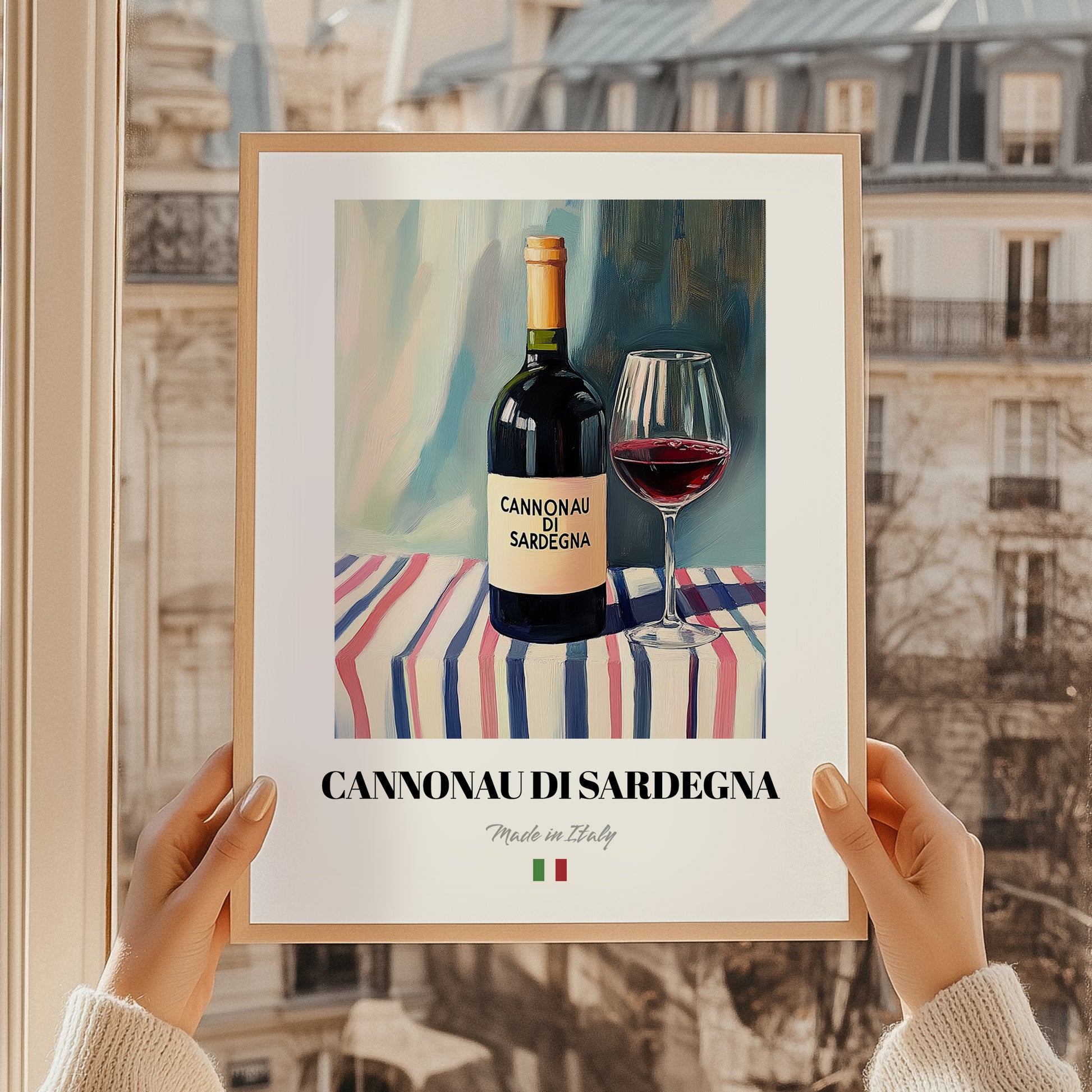 Cannonau di Sardegna – Italian Red Wine, Wine Bar Wall Art, styled in a charming Paris street view