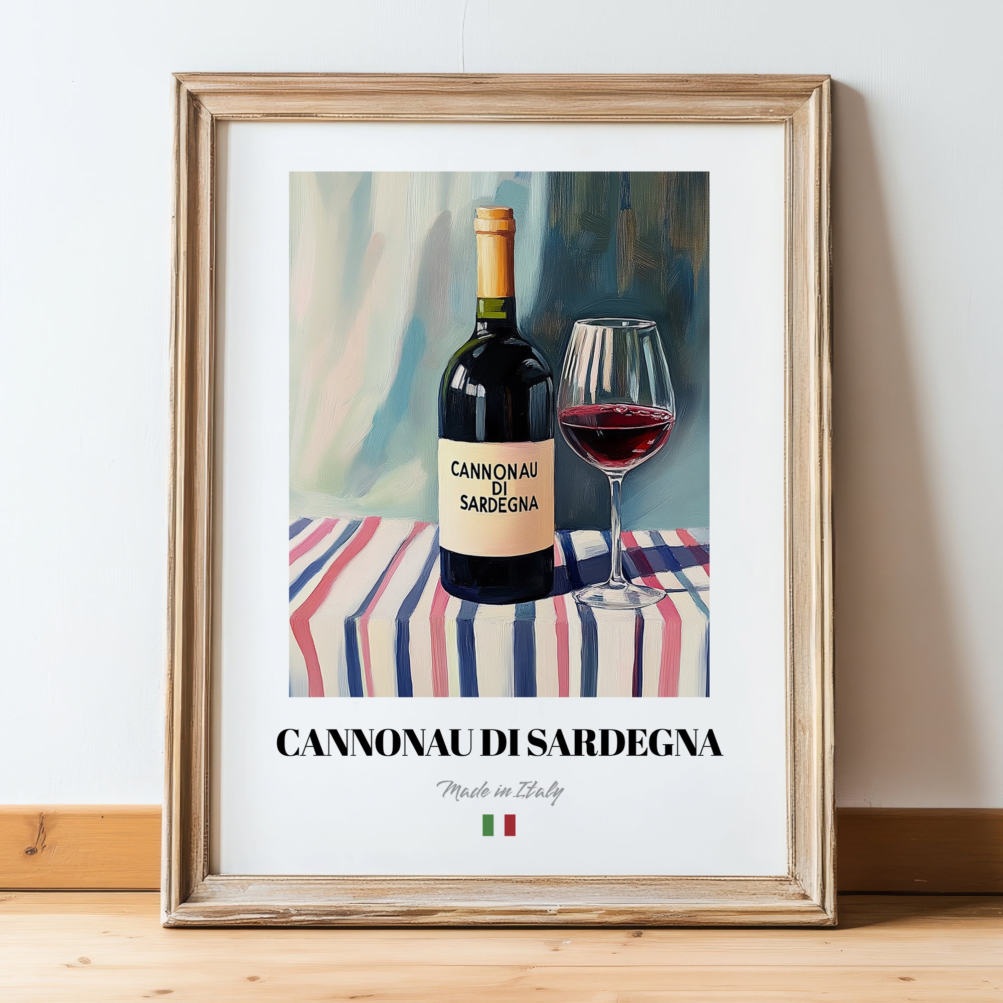 Cannonau di Sardegna – Italian Red Wine, Wine Bar Wall Art, in wooden frame leaning on the floor