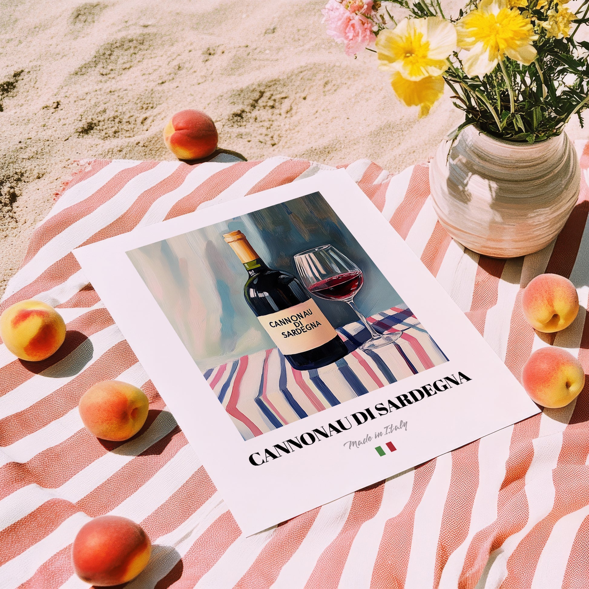 Cannonau di Sardegna – Italian Red Wine, Wine Bar Wall Art, unframed on coastal sand