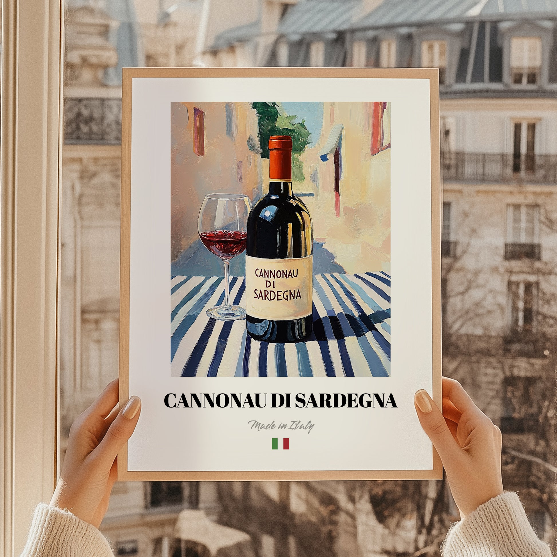 Cannonau di Sardegna – Italian Red Wine, Wine Bar Poster, styled in a charming Paris street view